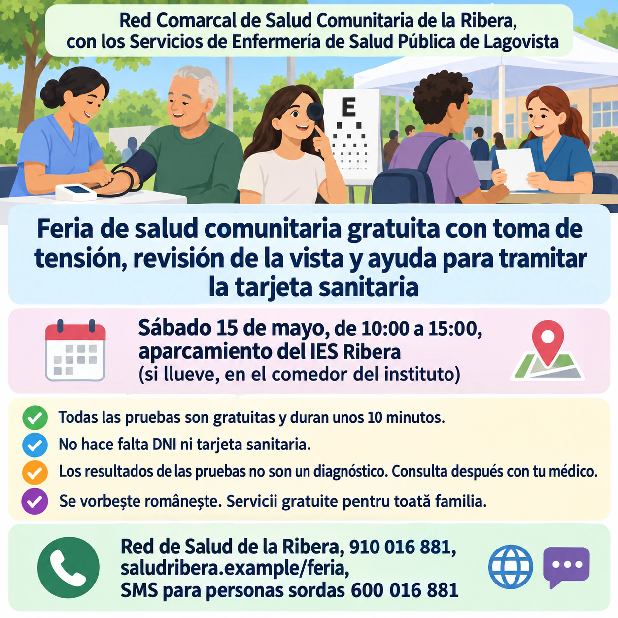 Flyer sanitario para un servicio de un centro de salud o un evento de salud comunitaria: Feria de salud en varias sedes con texto aprobado en dos idiomas