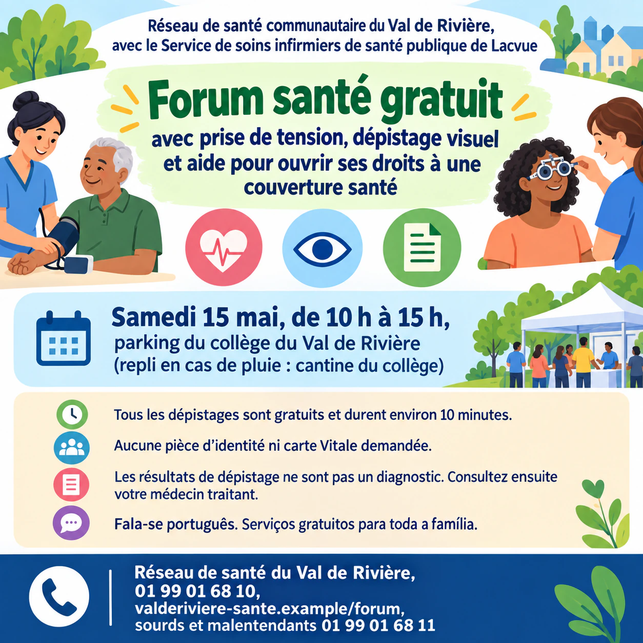Flyer santé pour un service de soins ou un événement de prévention : Forum santé sur plusieurs sites avec un texte validé bilingue