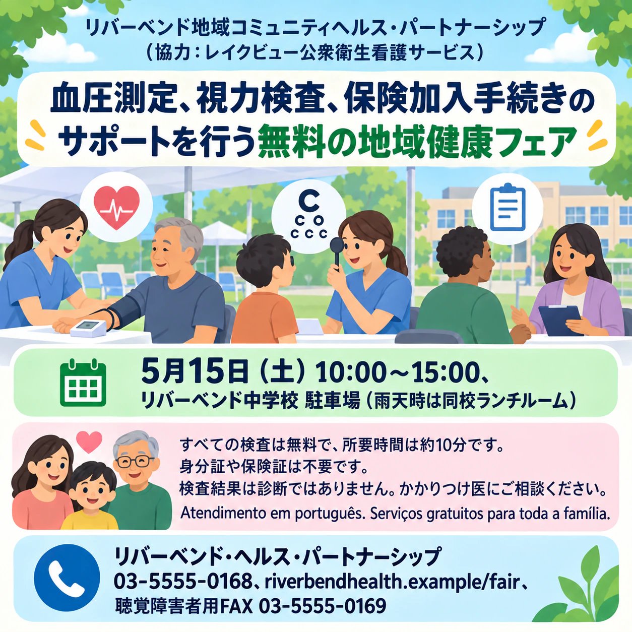 クリニックのサービスや地域の健康イベントを知らせるチラシ：2言語の承認済み文言が入った、複数団体による健康フェア