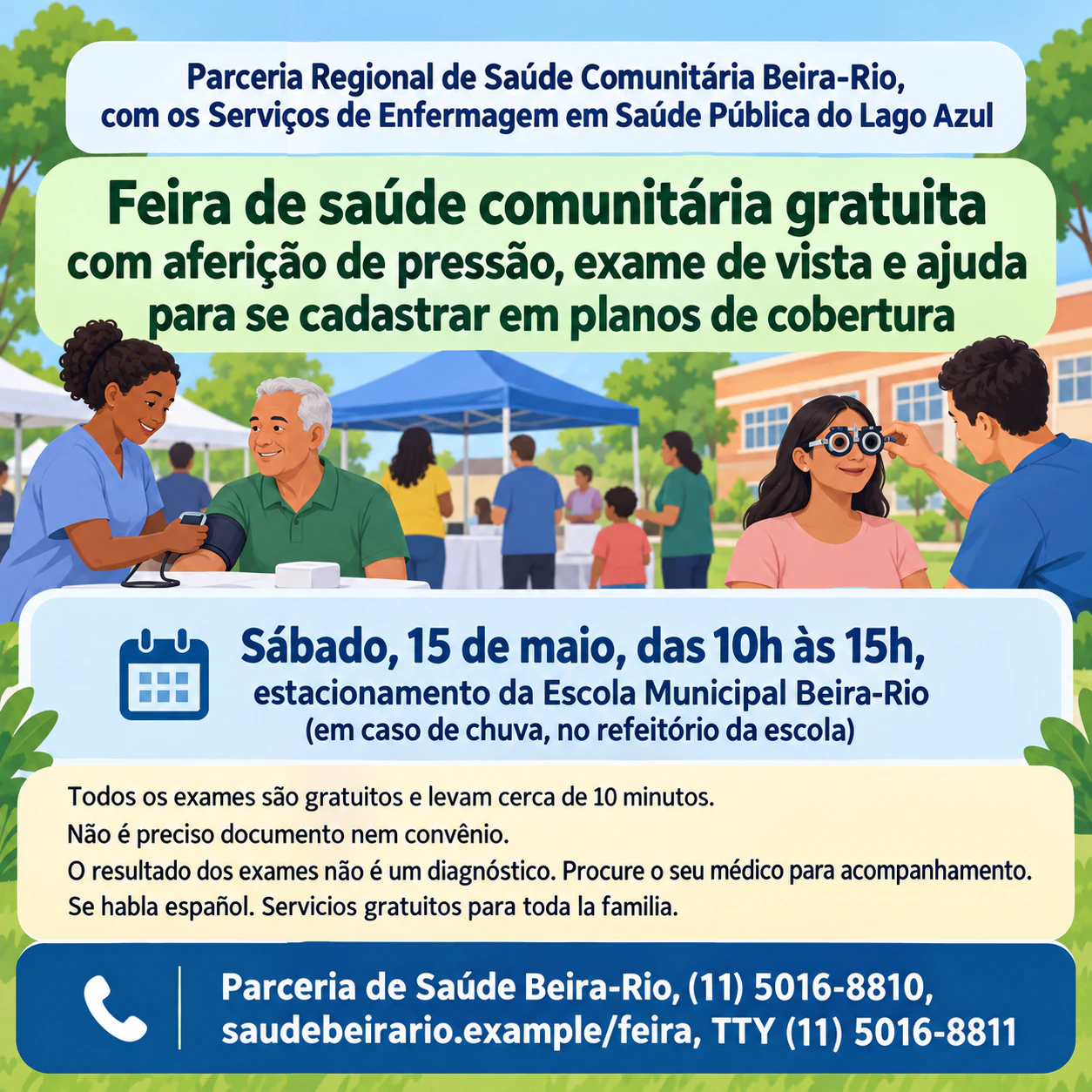 Flyer de saúde para um serviço da clínica ou um evento de saúde na comunidade: Feira de saúde em vários locais com texto aprovado bilíngue