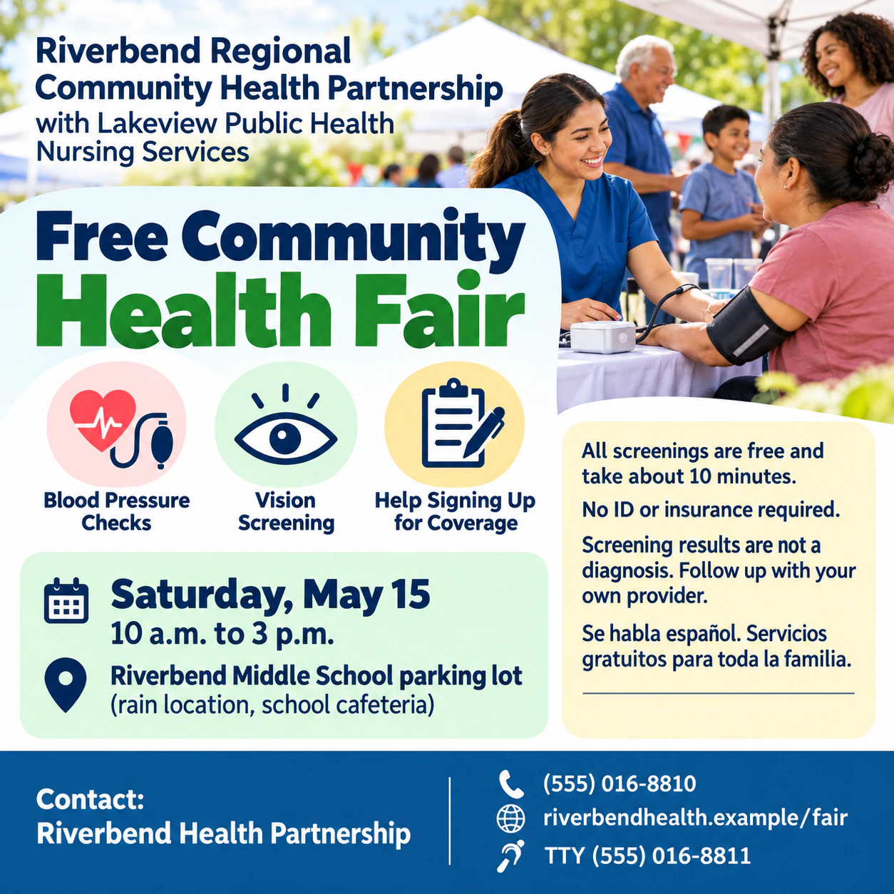Healthcare flyer for a clinic service or community health event: Multi-site health fair with bilingual approved wording