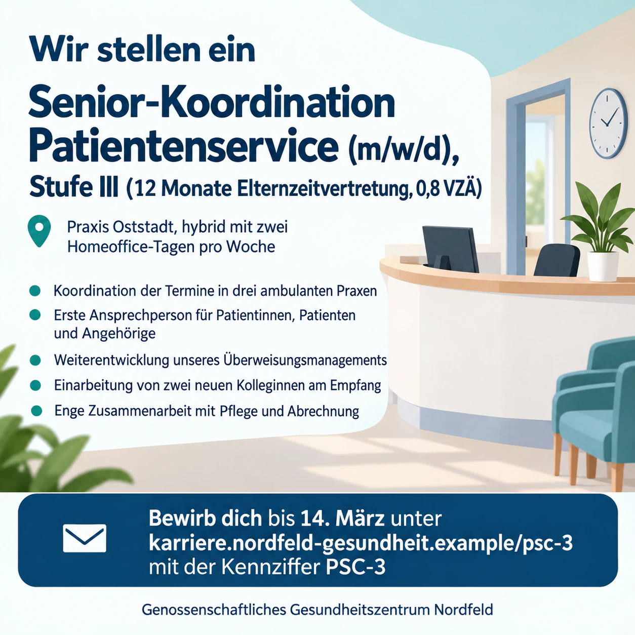 Stellenanzeigen-Poster für eine offene Stelle: Langer Titel mit Vertragsdetails, fünf Punkten und einer Kennziffer
