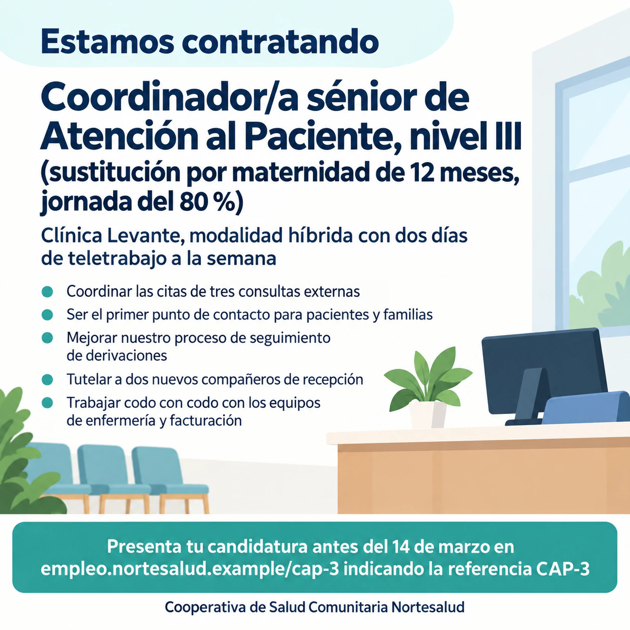 Cartel de oferta de empleo para un puesto vacante: Puesto con nombre largo y condiciones de contrato, cinco puntos y un código de referencia