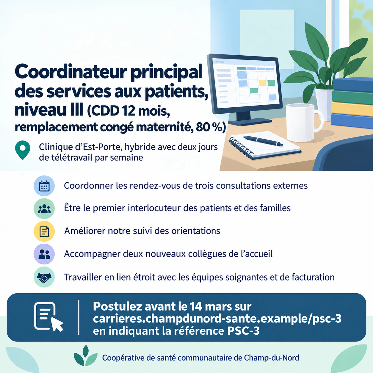 Affiche de recrutement pour un poste ouvert : Long intitulé avec conditions de contrat, cinq points et une référence
