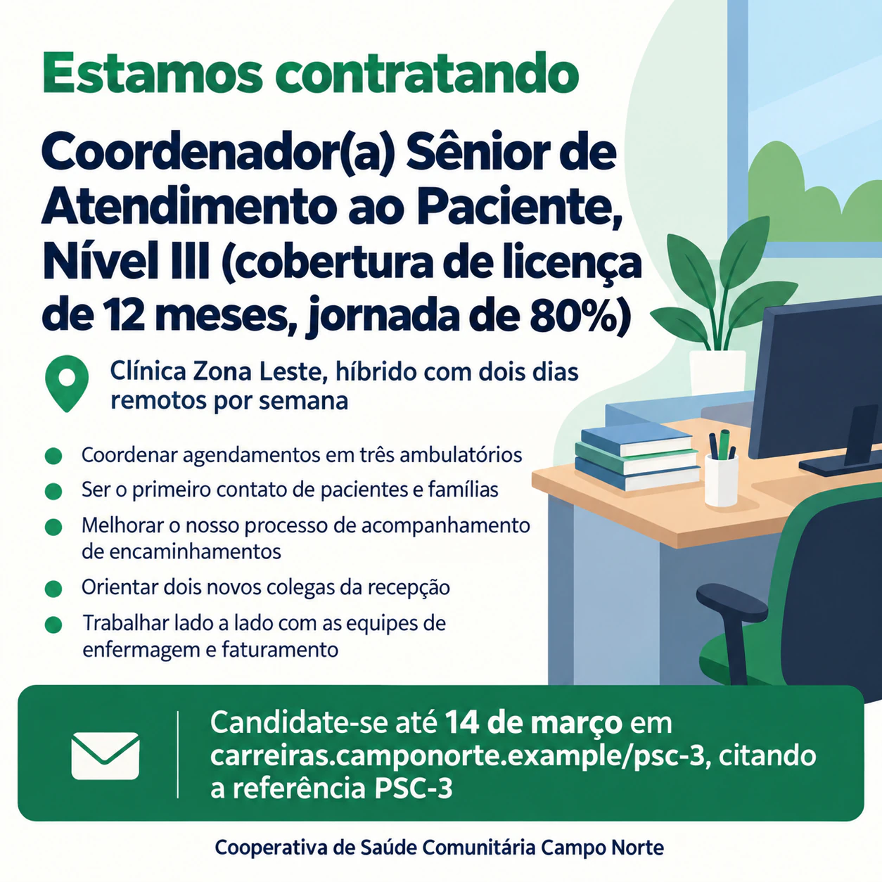 Cartaz de vaga para uma posição aberta: Cargo longo com condições de contrato, cinco pontos e código de referência