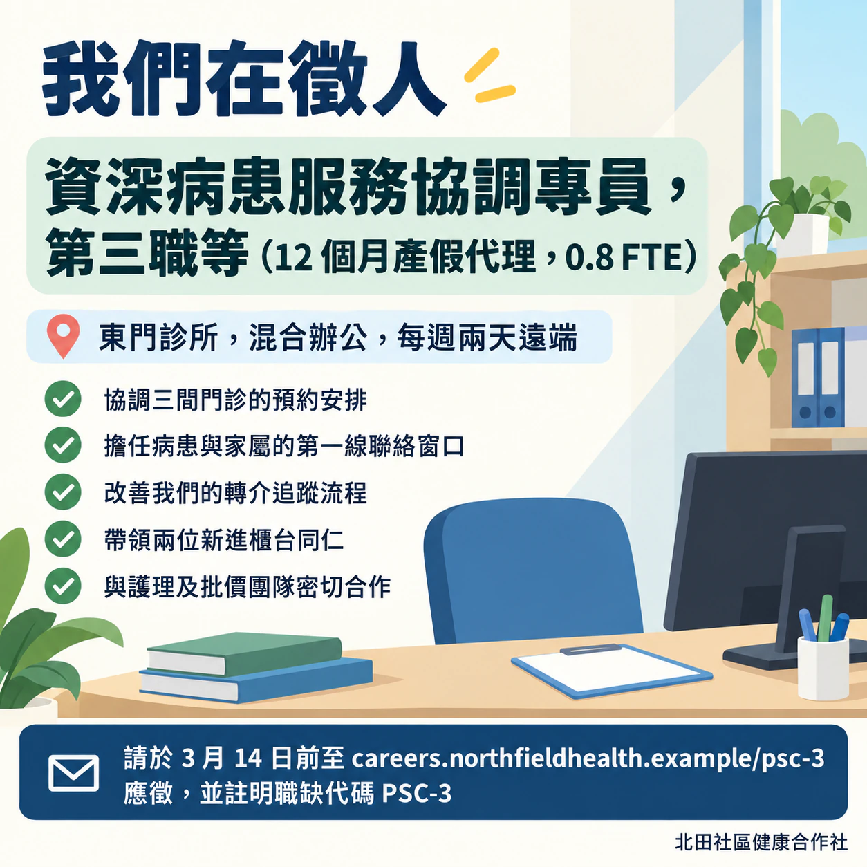 單一職缺的徵才海報：附合約條件的長職稱、五項重點與職缺代碼