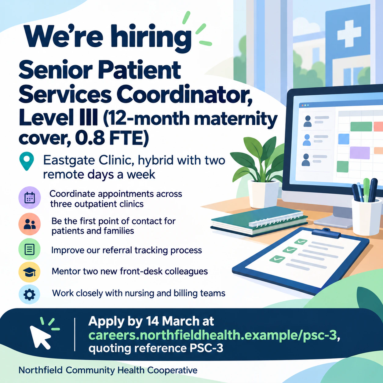 Hiring poster for one open role: Long title with contract terms, five points and a reference code