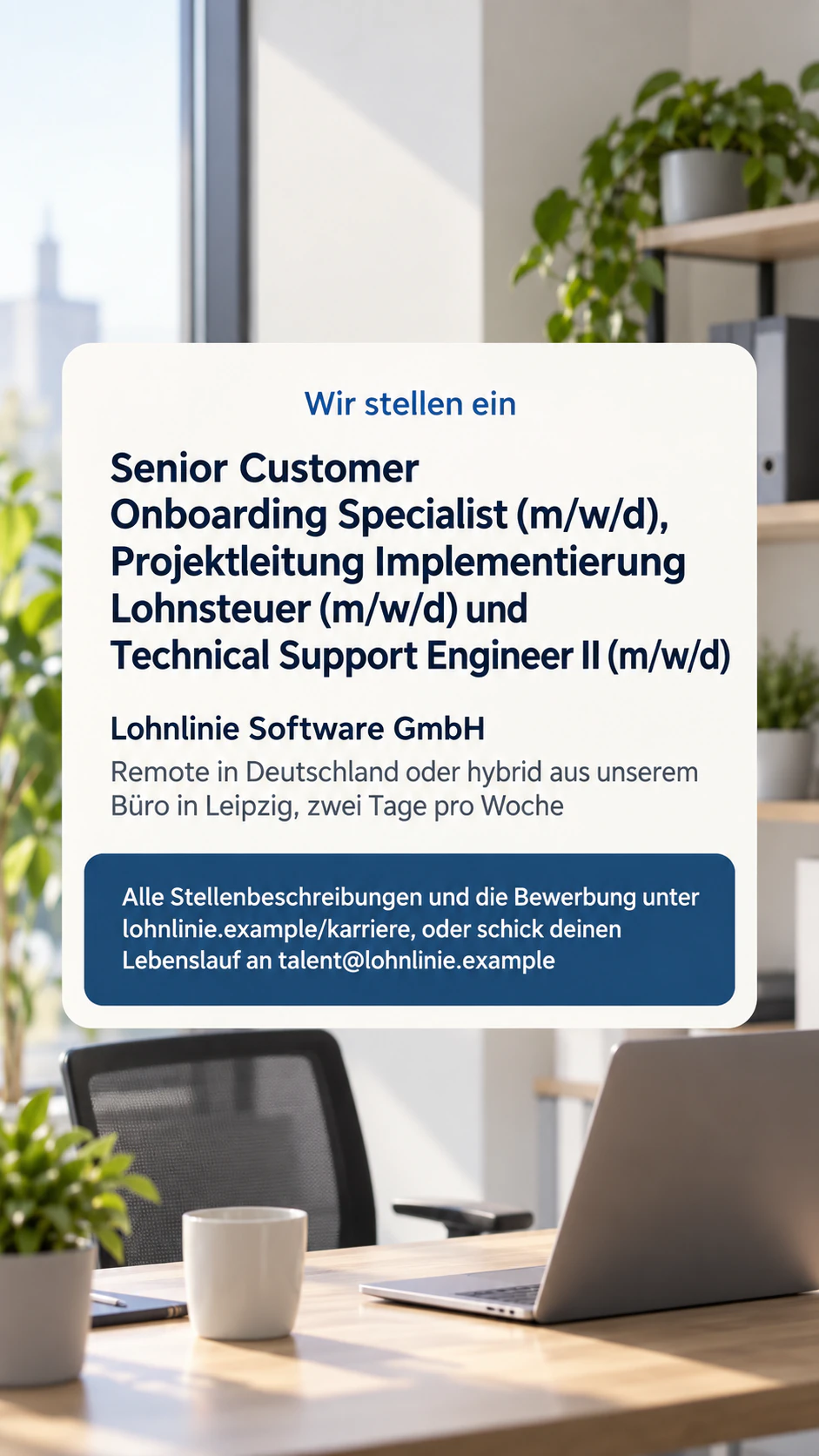 „Wir stellen ein“-Post für deinen Feed oder deine Story: Drei lange Remote- und Hybrid-Stellen ohne Highlights, als Story