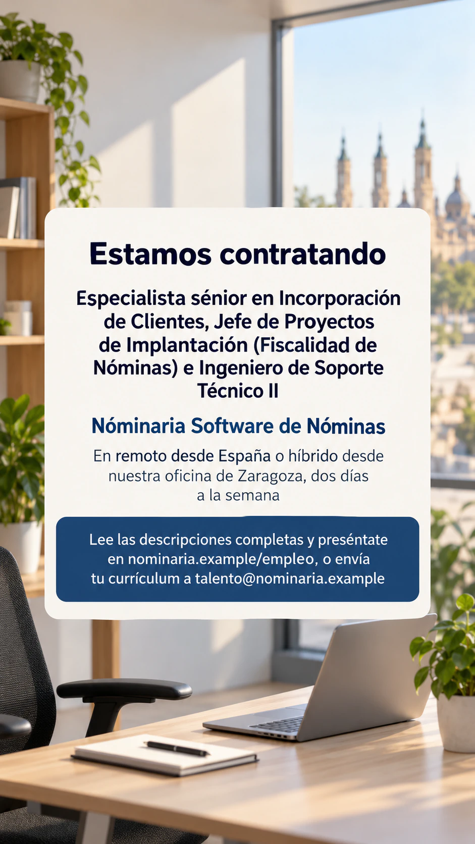Publicación de «Estamos contratando» para tu feed o tus Stories: Tres puestos largos en remoto e híbridos sin puntos destacados, como Story