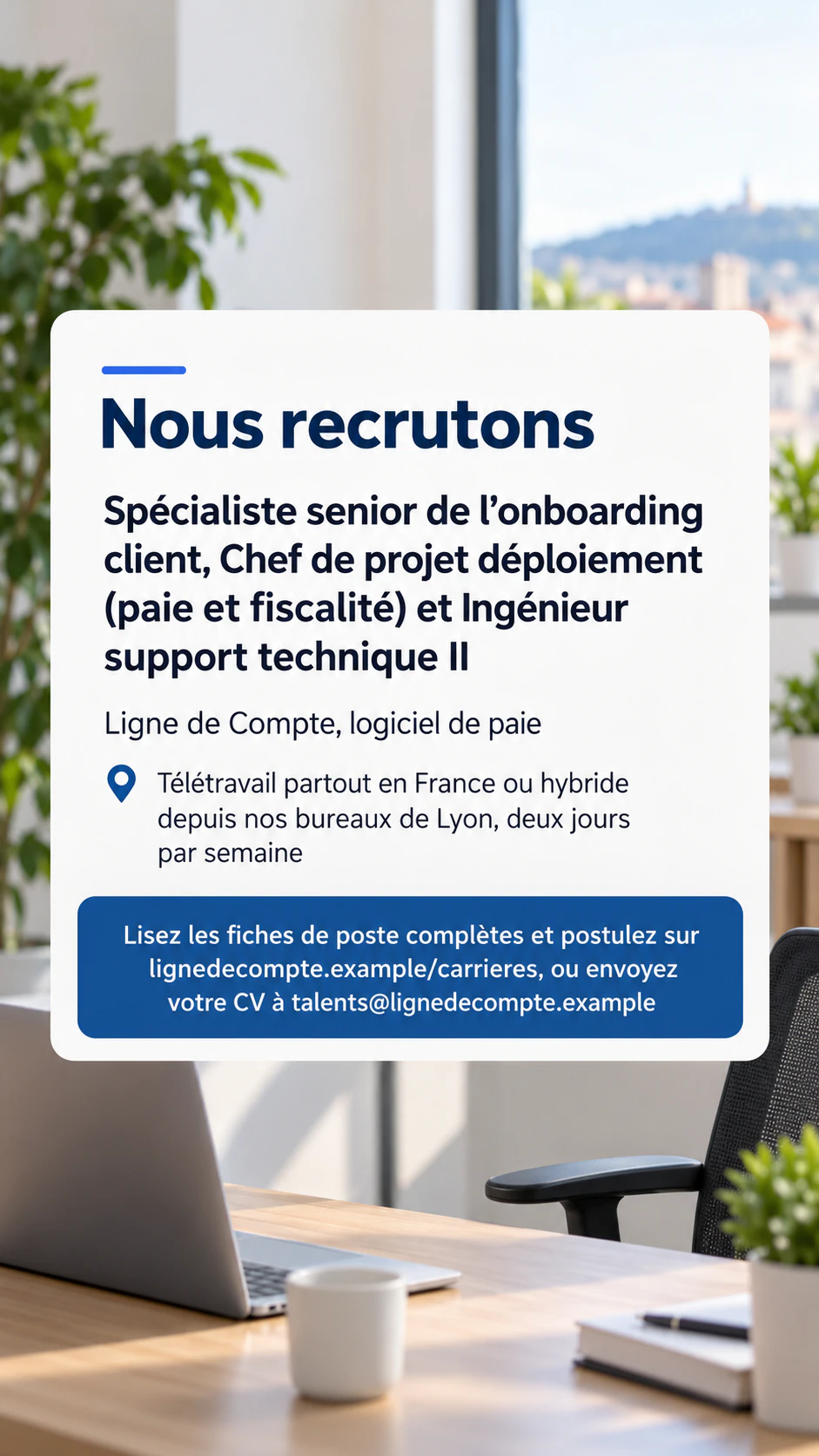 Publication « On recrute » pour votre fil ou votre Story : Trois longs intitulés en télétravail et hybride, sans points clés, en Story