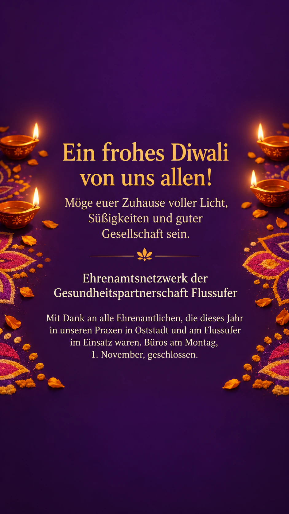 „Frohe Feiertage“-Post für jede Jahreszeit oder jedes Fest deiner Wahl: Anlass auf Diwali umgestellt, mit langem Absender, als Story