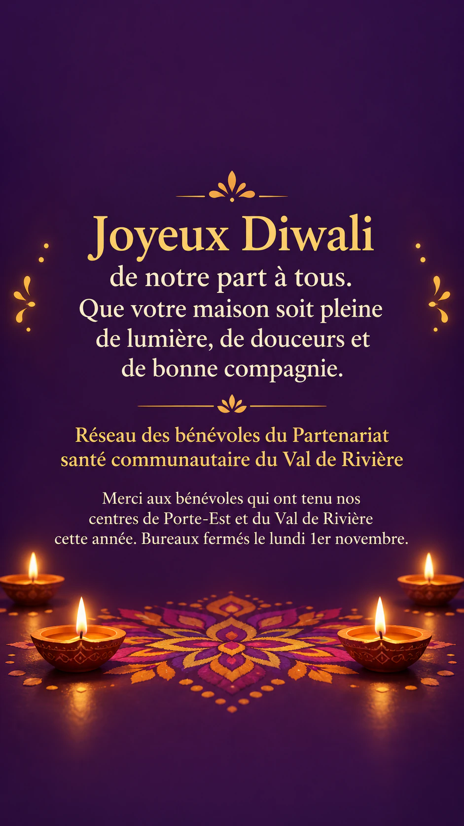 Publication Joyeuses fêtes pour la saison ou la fête de votre choix : Occasion changée pour Diwali avec une longue signature, en Story