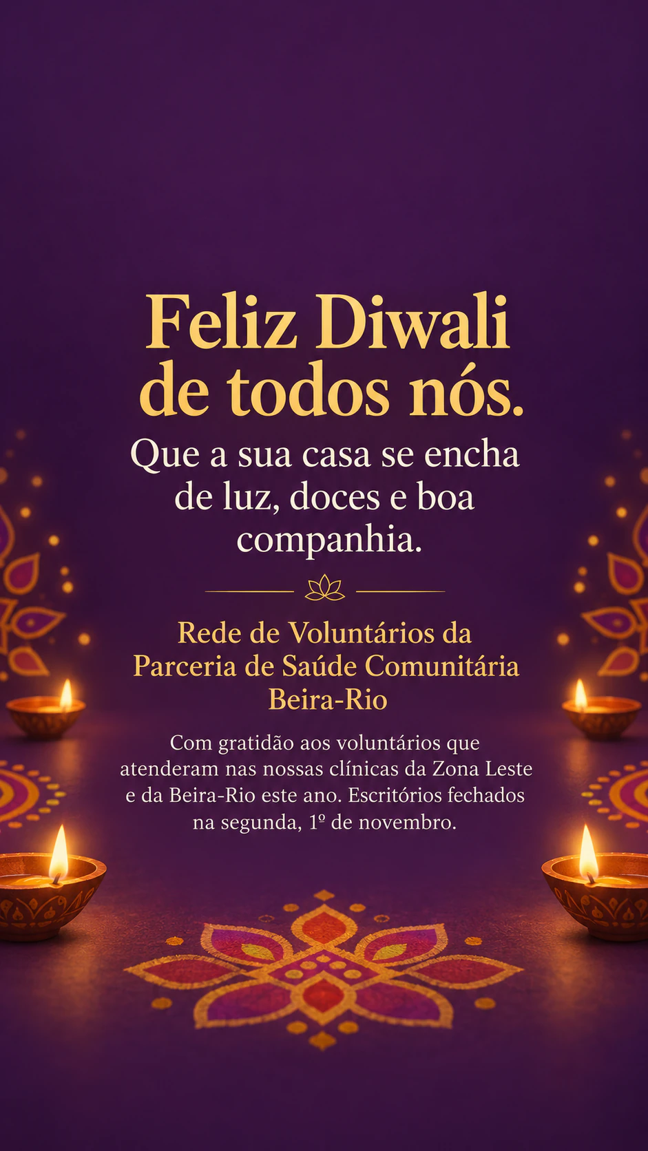 Post de boas festas para a época ou a data que você escolher: Data trocada para Diwali com assinatura longa, em Story