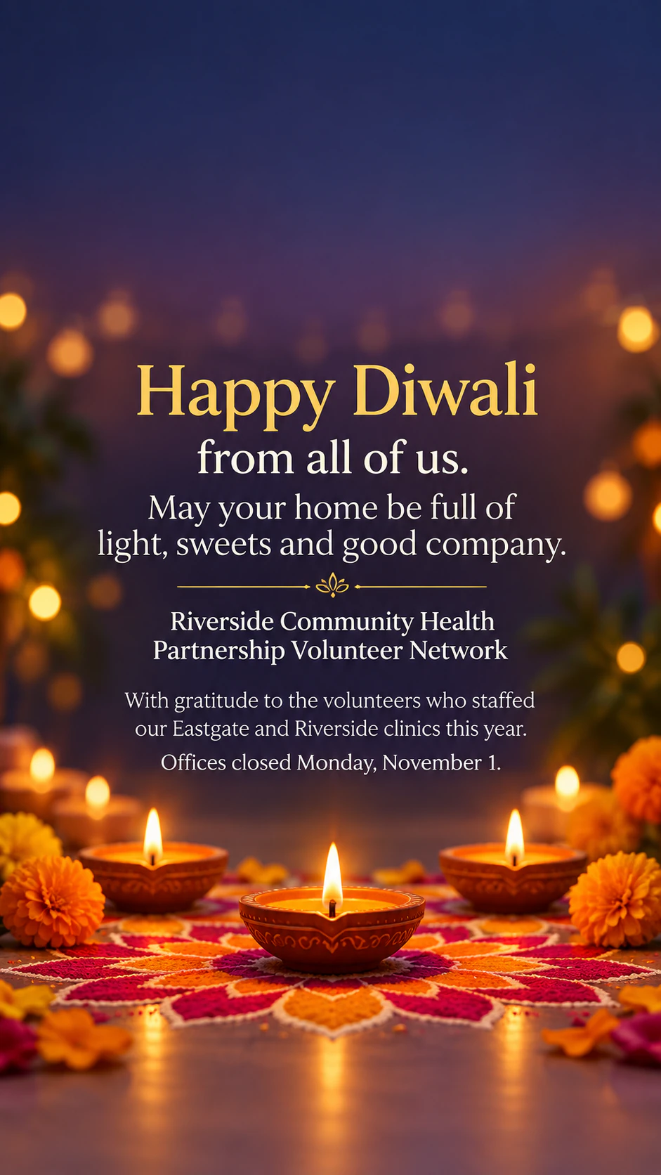 Happy holidays post for any season or festival you choose: Occasion switched to Diwali with a long sign-off, as a Story