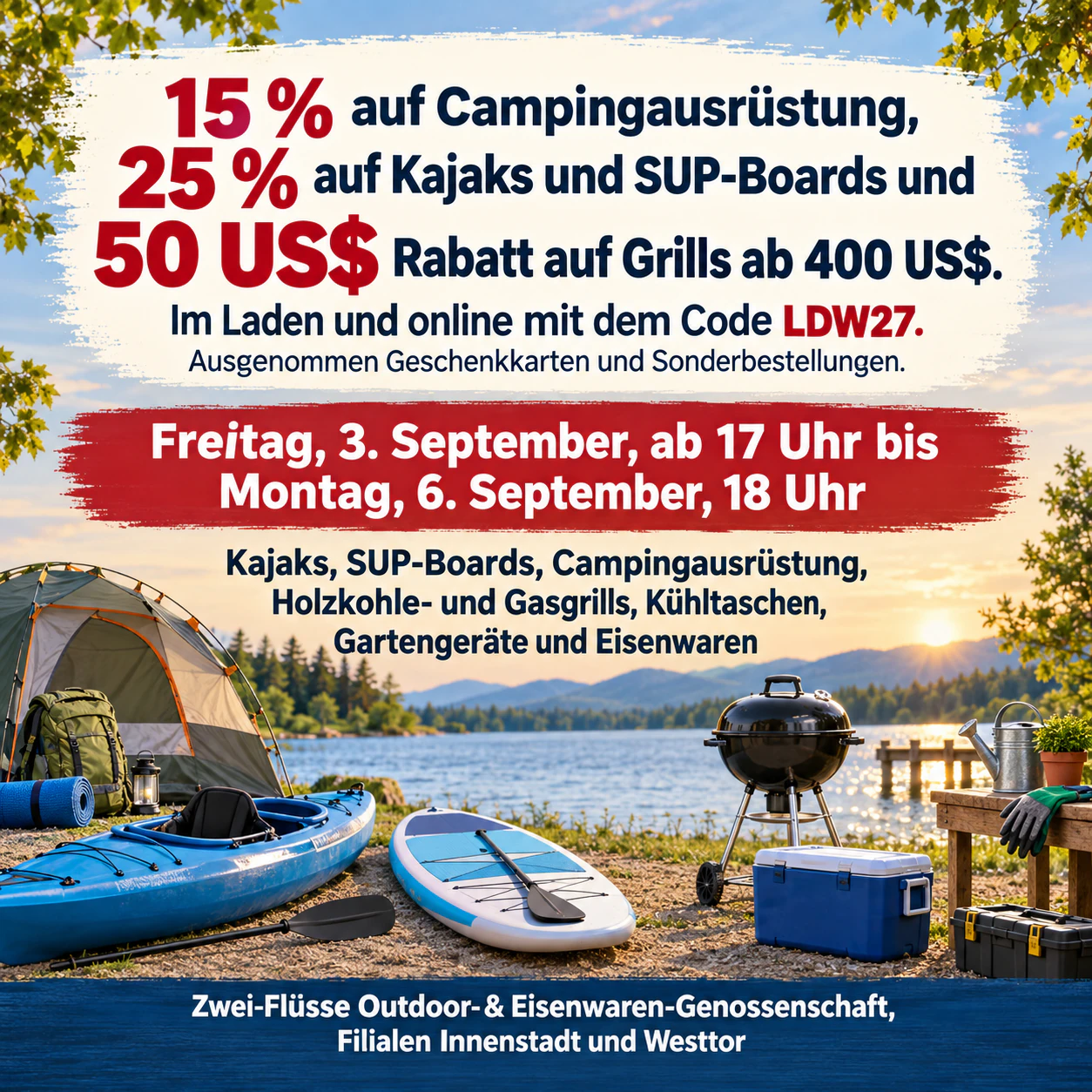 Sale-Flyer zum Labor-Day-Wochenende mit Angebot und Daten vorn: Drei gestaffelte Rabatte, ein Aktionscode und Ausnahmen, ohne Produktfoto