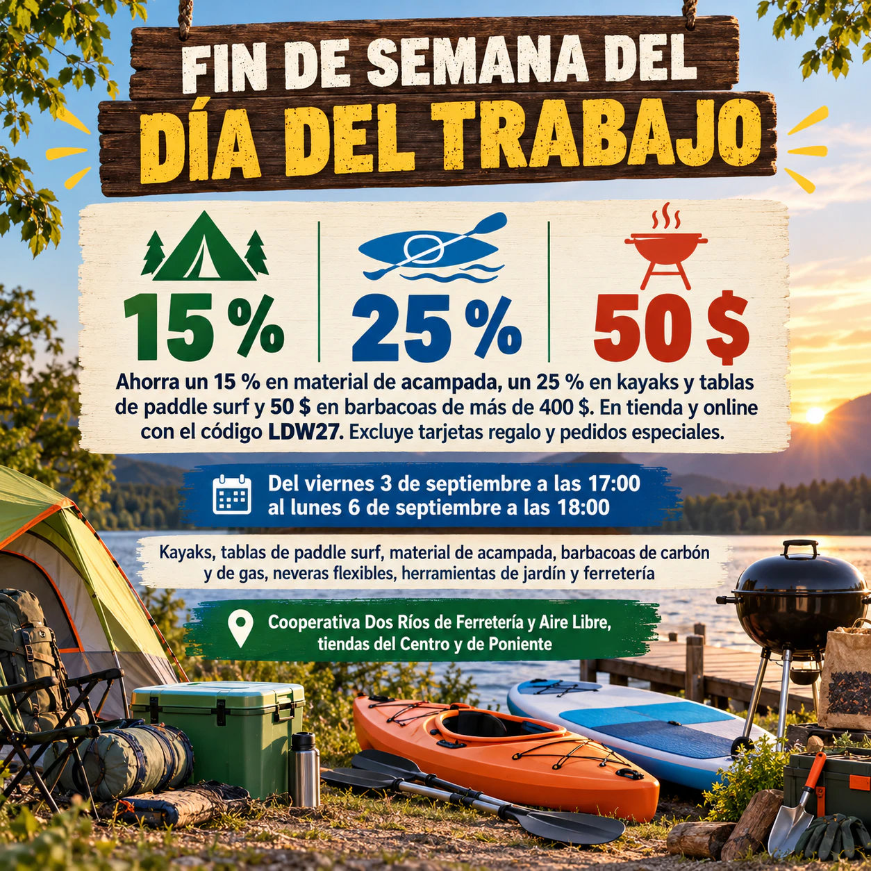Flyer de ofertas del fin de semana del Labor Day con tu oferta y las fechas bien visibles: Tres descuentos escalonados, un código promocional y exclusiones, sin foto de producto