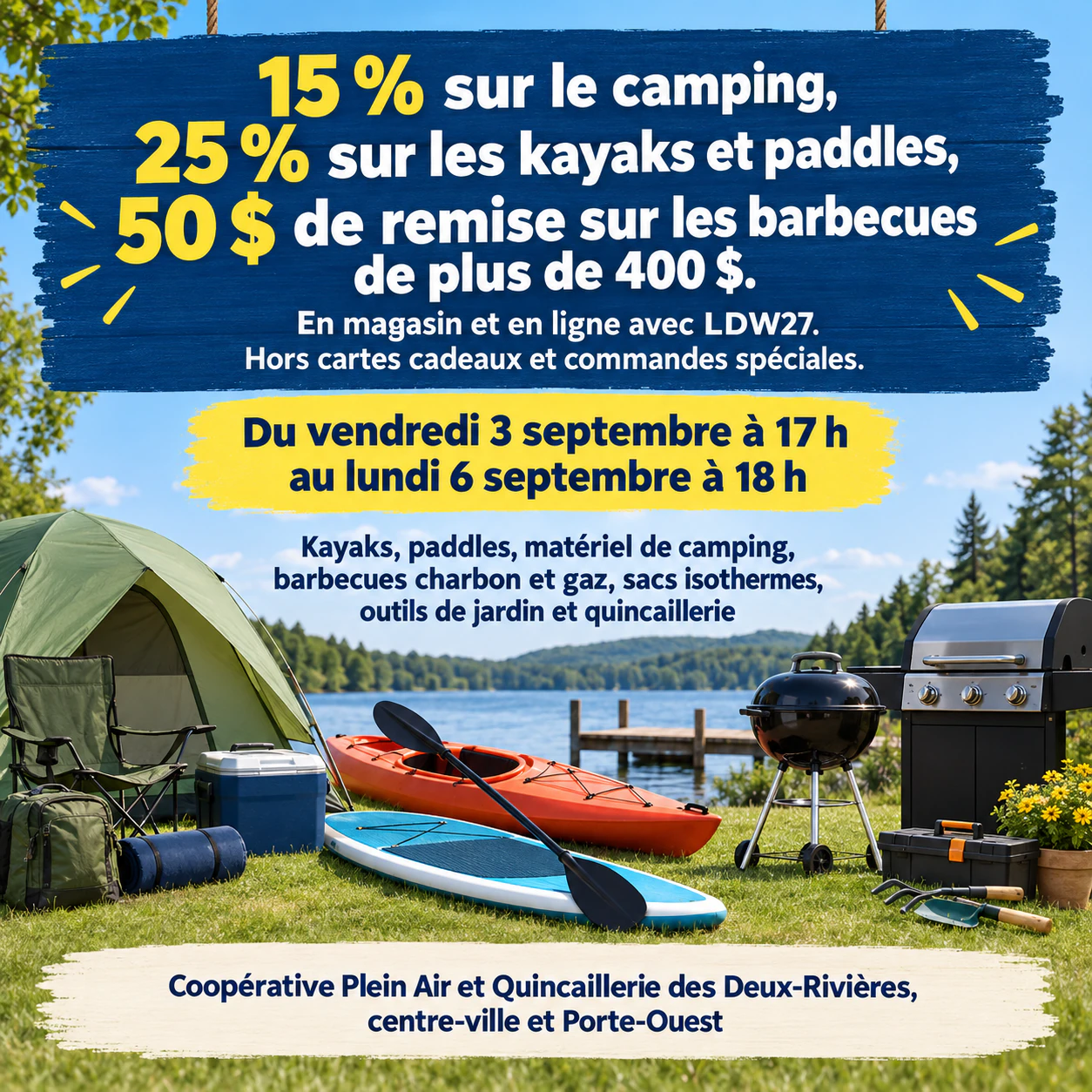 Flyer de promotion pour le week-end du Labor Day américain : Trois remises, code et exclusions, sans photo