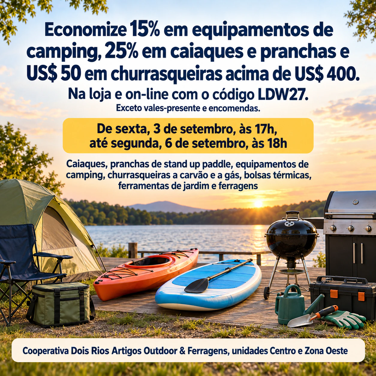 Flyer de promoção do fim de semana do Labor Day com a oferta e as datas em destaque: Três descontos por faixa, um código promocional e exclusões, sem foto de produto