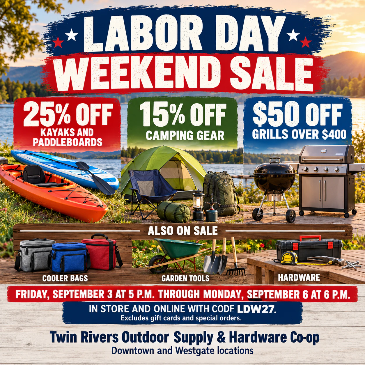 Labor Day weekend sale flyer with your offer and dates up front: Three tiered discounts, a promo code and exclusions with no product photo