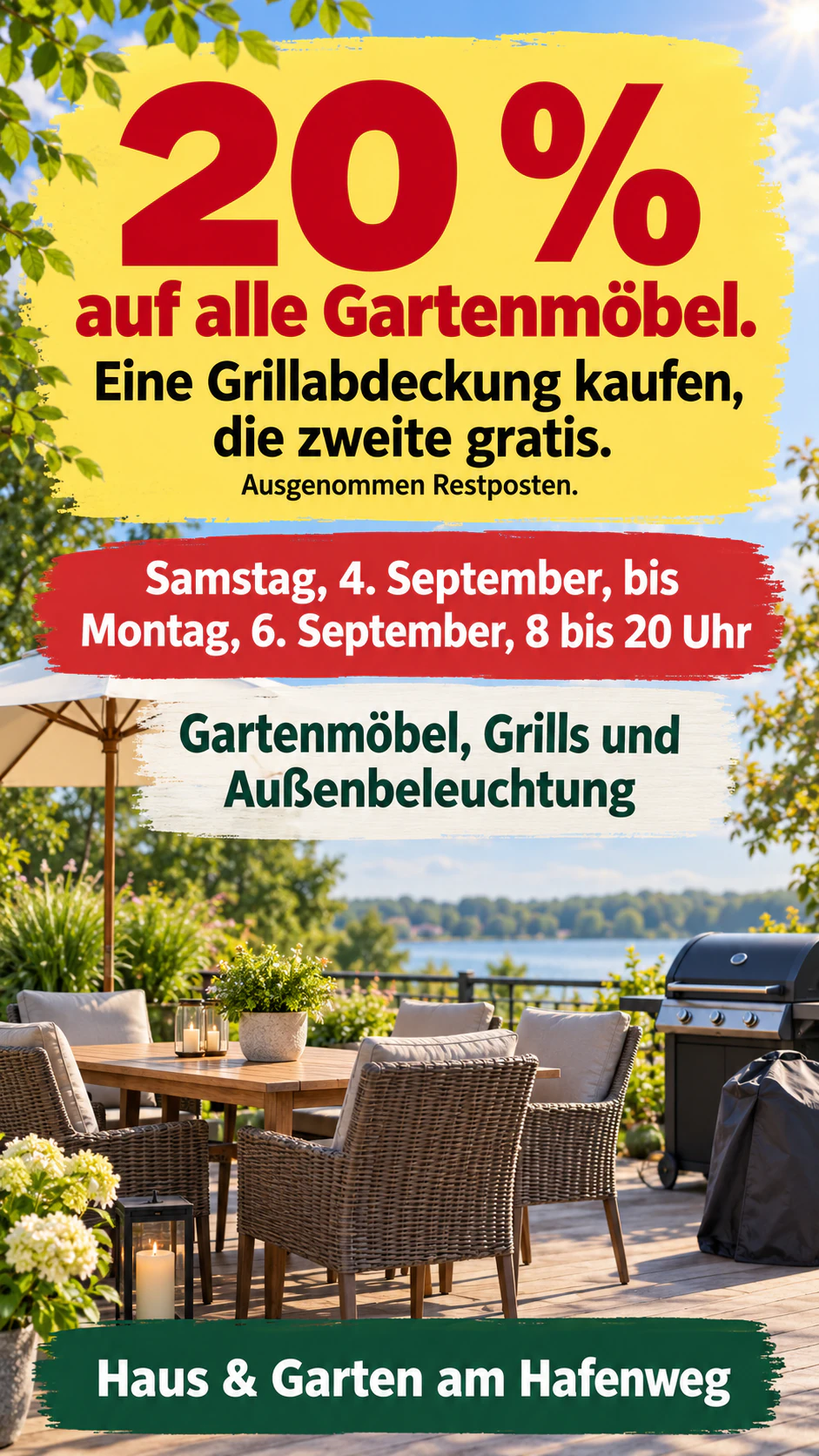 Beispiel: Sale-Flyer zum Labor-Day-Wochenende mit Angebot und Daten vorn