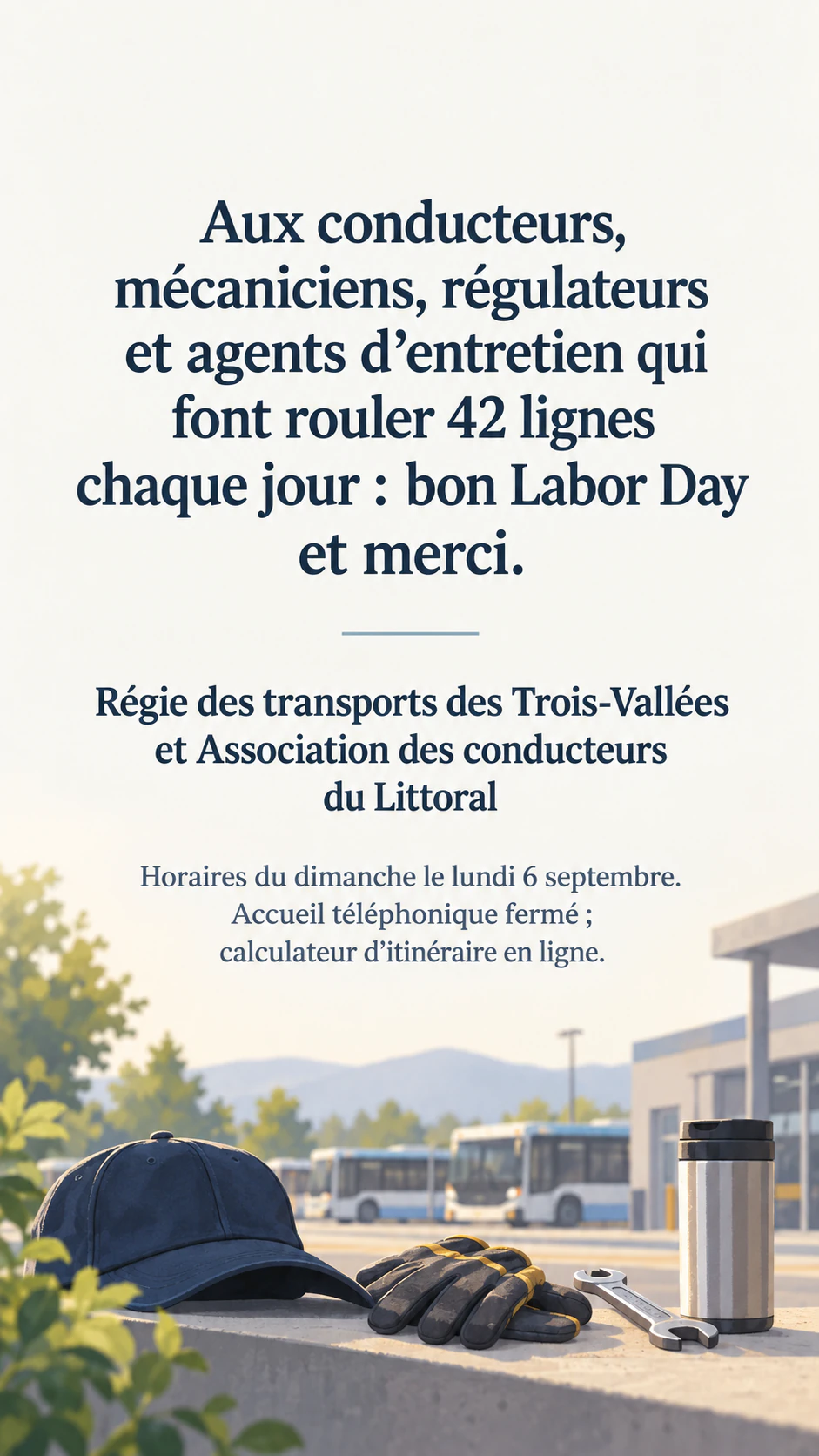 Publication de remerciement pour le Labor Day américain : Story avec deux structures, long message et horaires