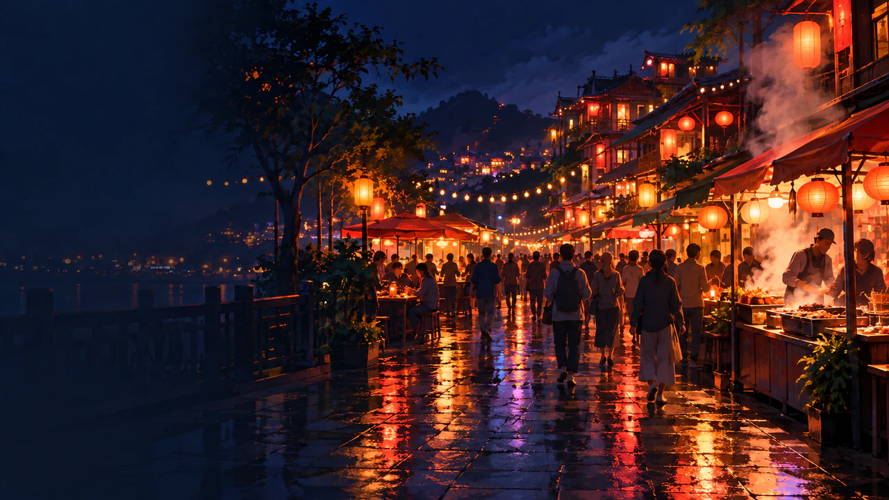 Laptop wallpaper with room for your desktop icons: Busy night market in dark mode, no icon side given