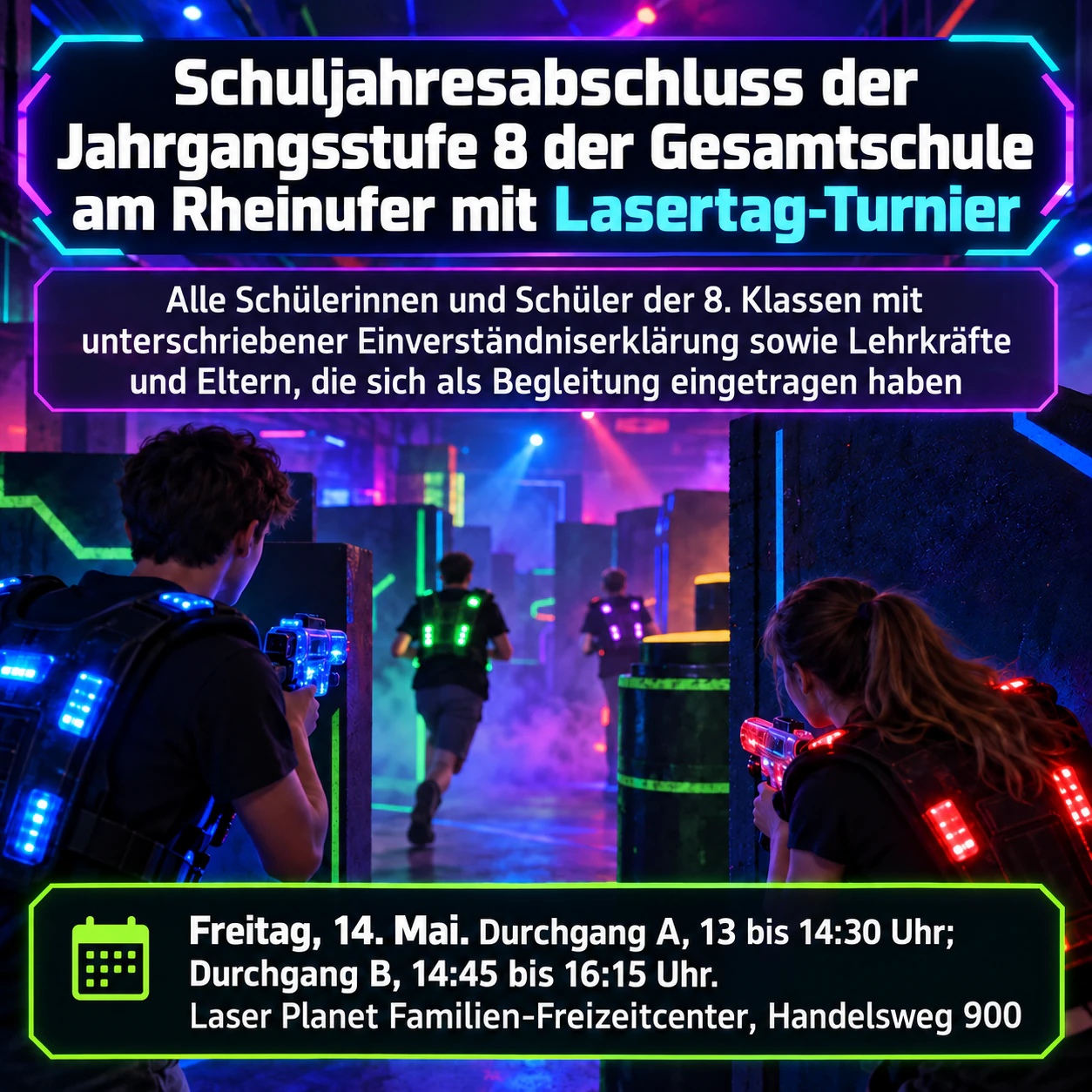 Lasertag-Flyer für einen Teamabend oder Gruppenausflug: Langer Eventname, zwei Durchgänge, keine Anmeldung und keine Teamfarben