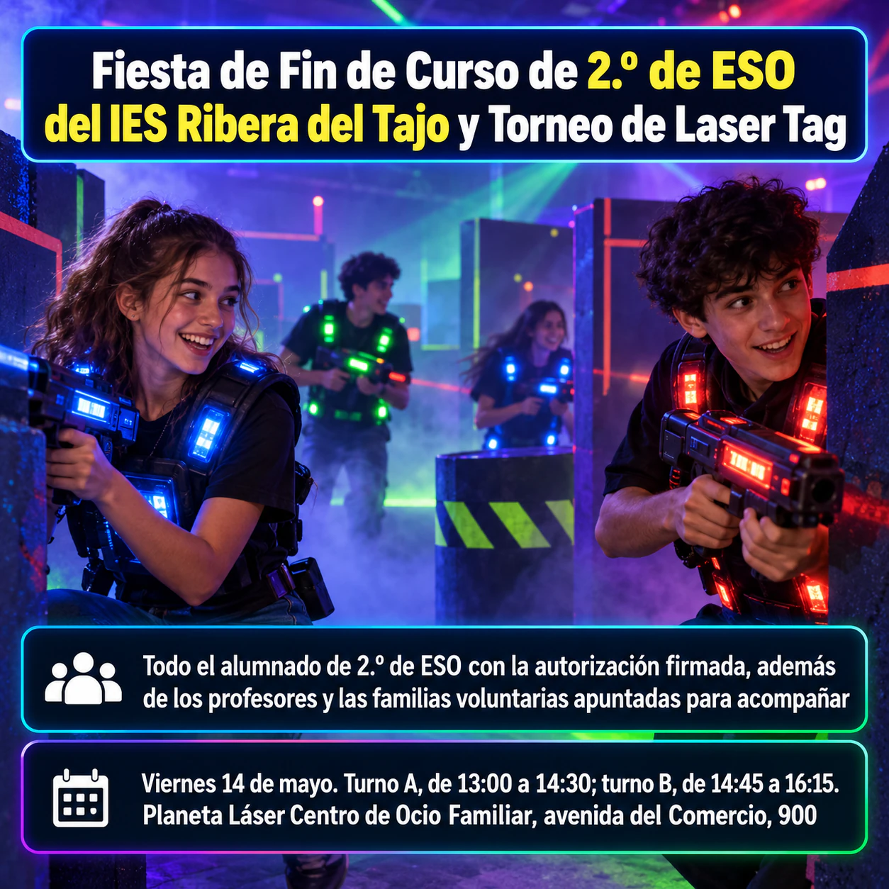 Flyer de laser tag para una noche de equipo o una salida en grupo: Nombre de evento largo, dos turnos y sin confirmación ni colores de equipo
