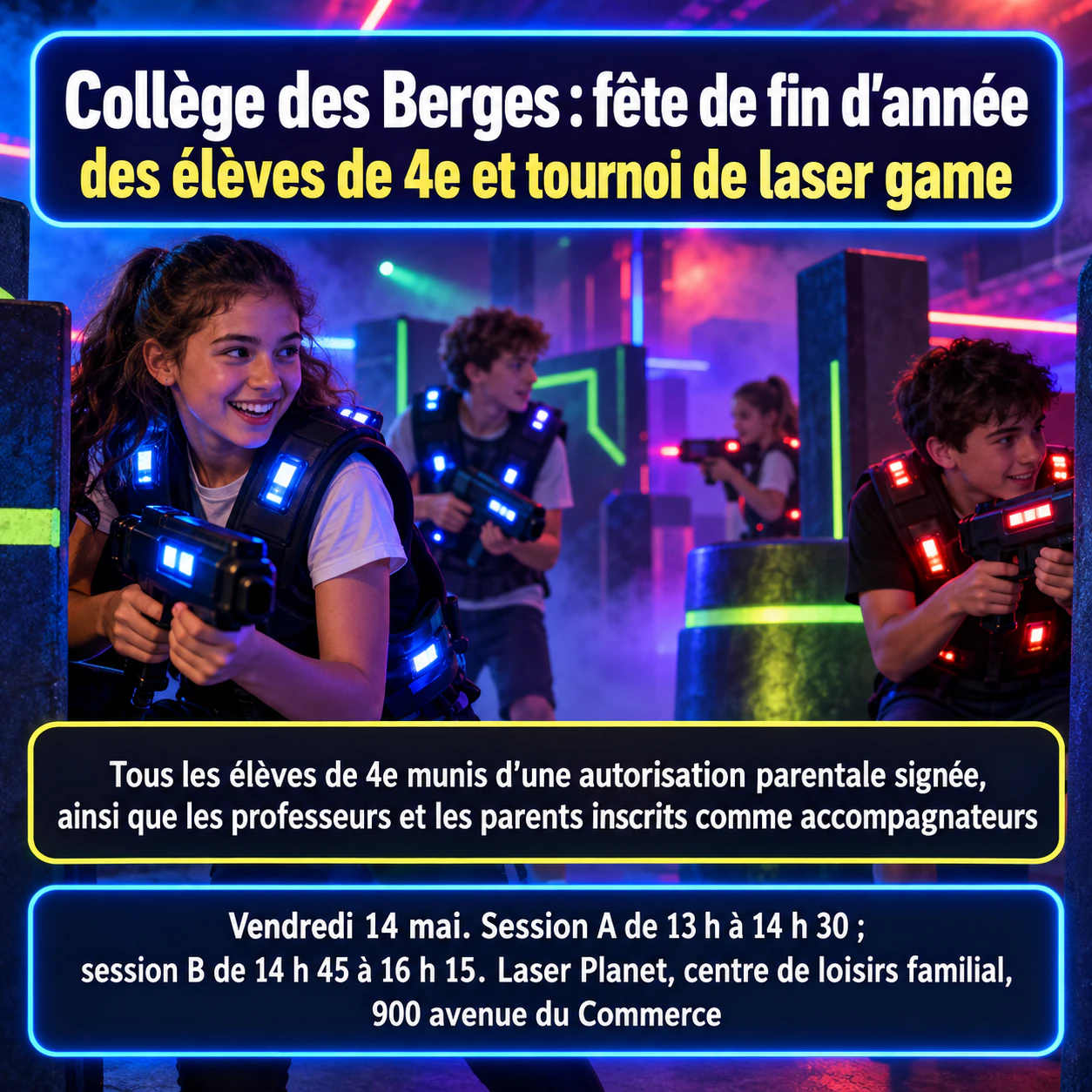 Flyer laser game pour une soirée d’équipe ou une sortie de groupe : Nom d’événement long, deux sessions, sans réponse ni couleurs d’équipe