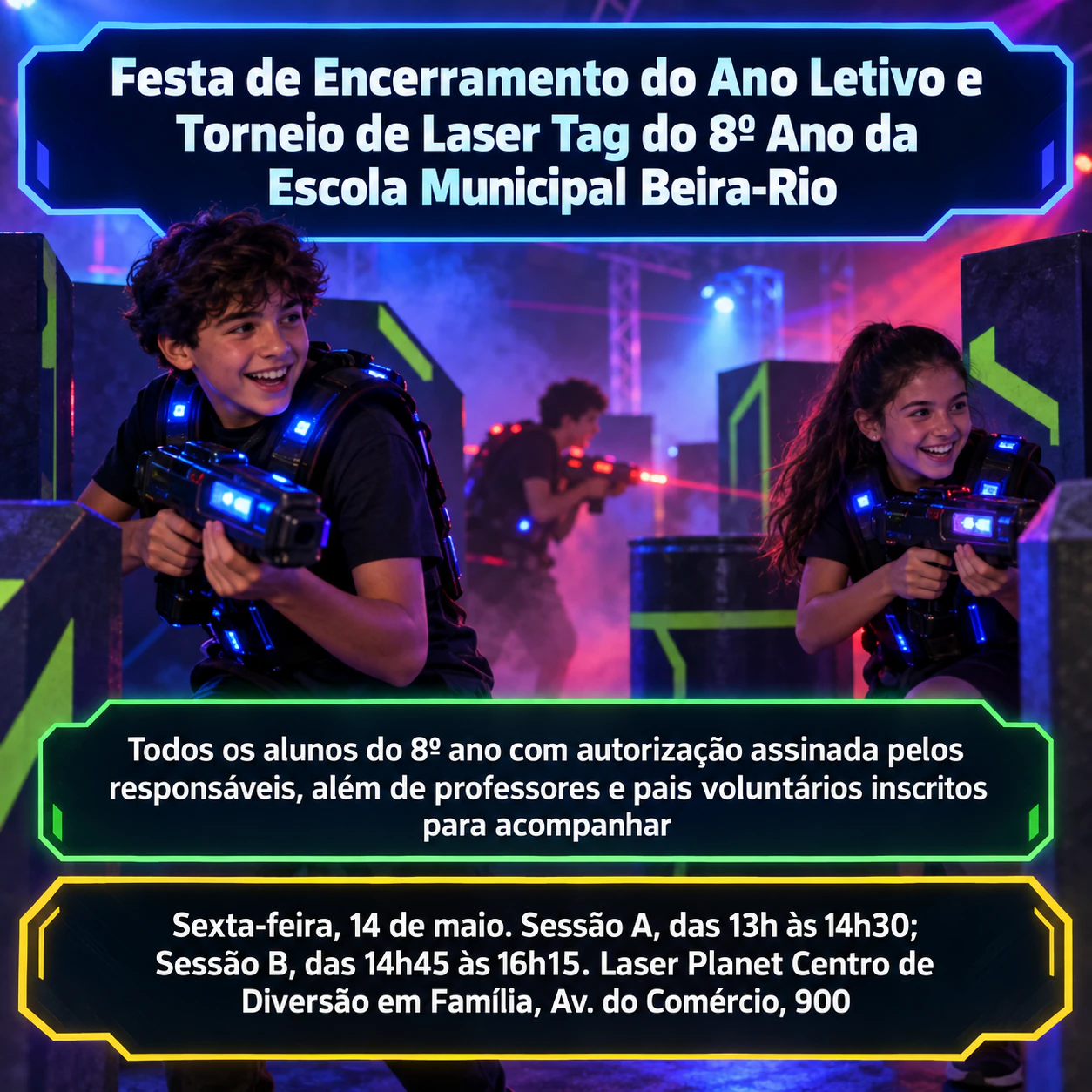 Flyer de laser tag para a noite da equipe ou um passeio em grupo: Nome de evento longo, duas sessões e sem confirmação nem cores de equipe