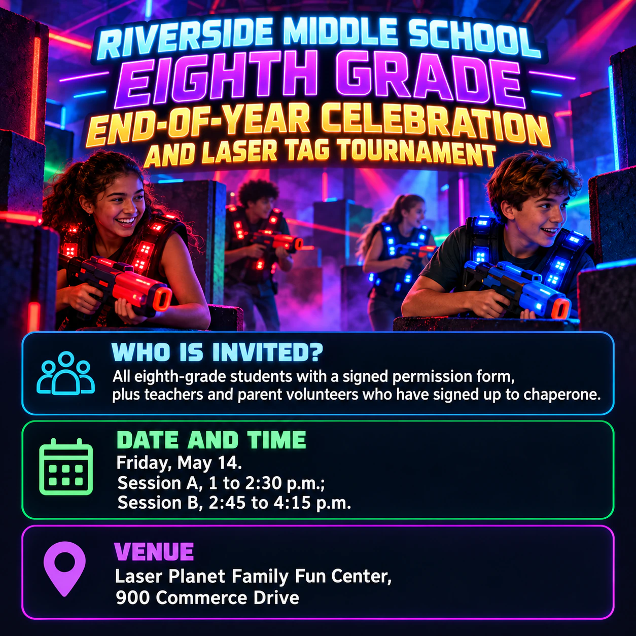 Laser tag flyer for a team night or group outing: Long event name, two sessions and no RSVP or team colors