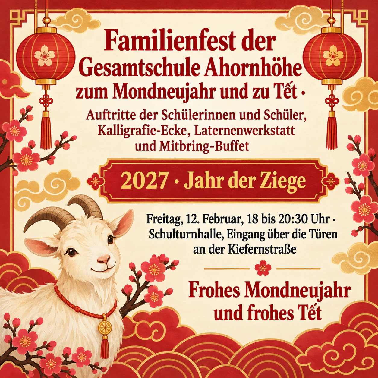 Plakat für eine Veranstaltung zum Mondneujahr: Lange Schulfeier mit Gruß samt Sonderzeichen und ohne Veranstalter