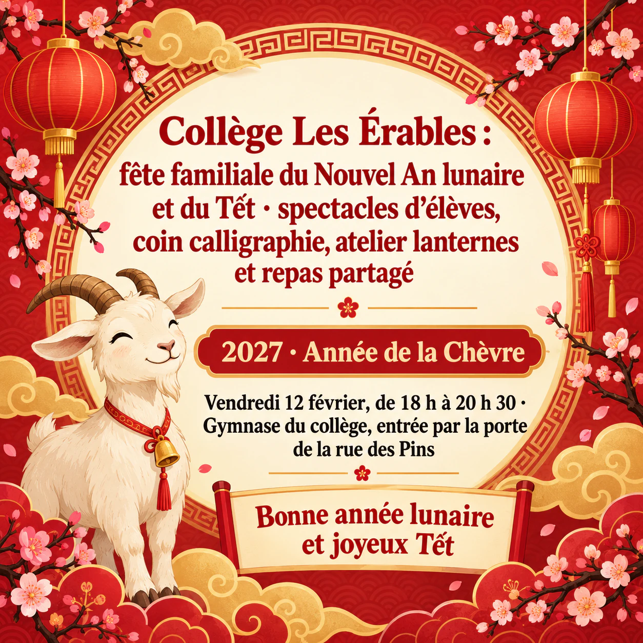 Affiche d’événement pour le Nouvel An lunaire : Longue fête scolaire, vœux avec un caractère accentué et sans organisateur