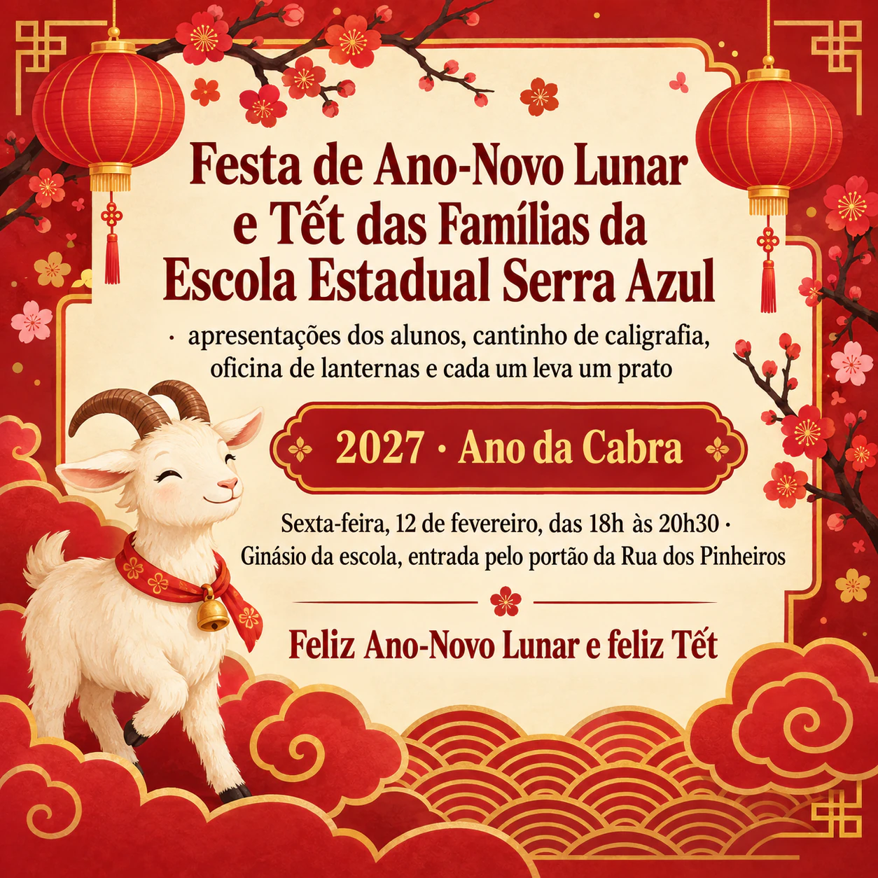 Pôster de evento de Ano-Novo Lunar: Festa escolar com nome longo, saudação com acento e sem organização