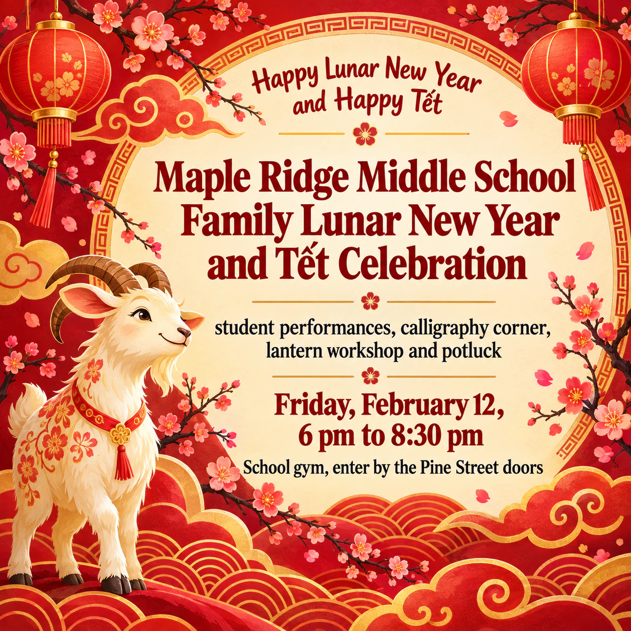 Lunar New Year event poster: Long school celebration with an accented greeting and no organizer