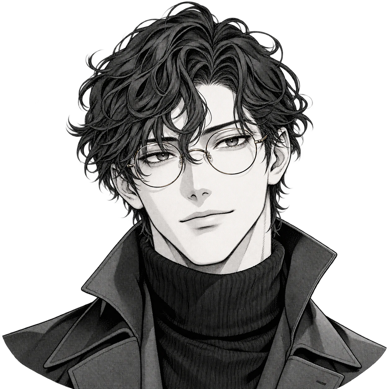 Manga profile picture: Curly fringe and ink glasses
