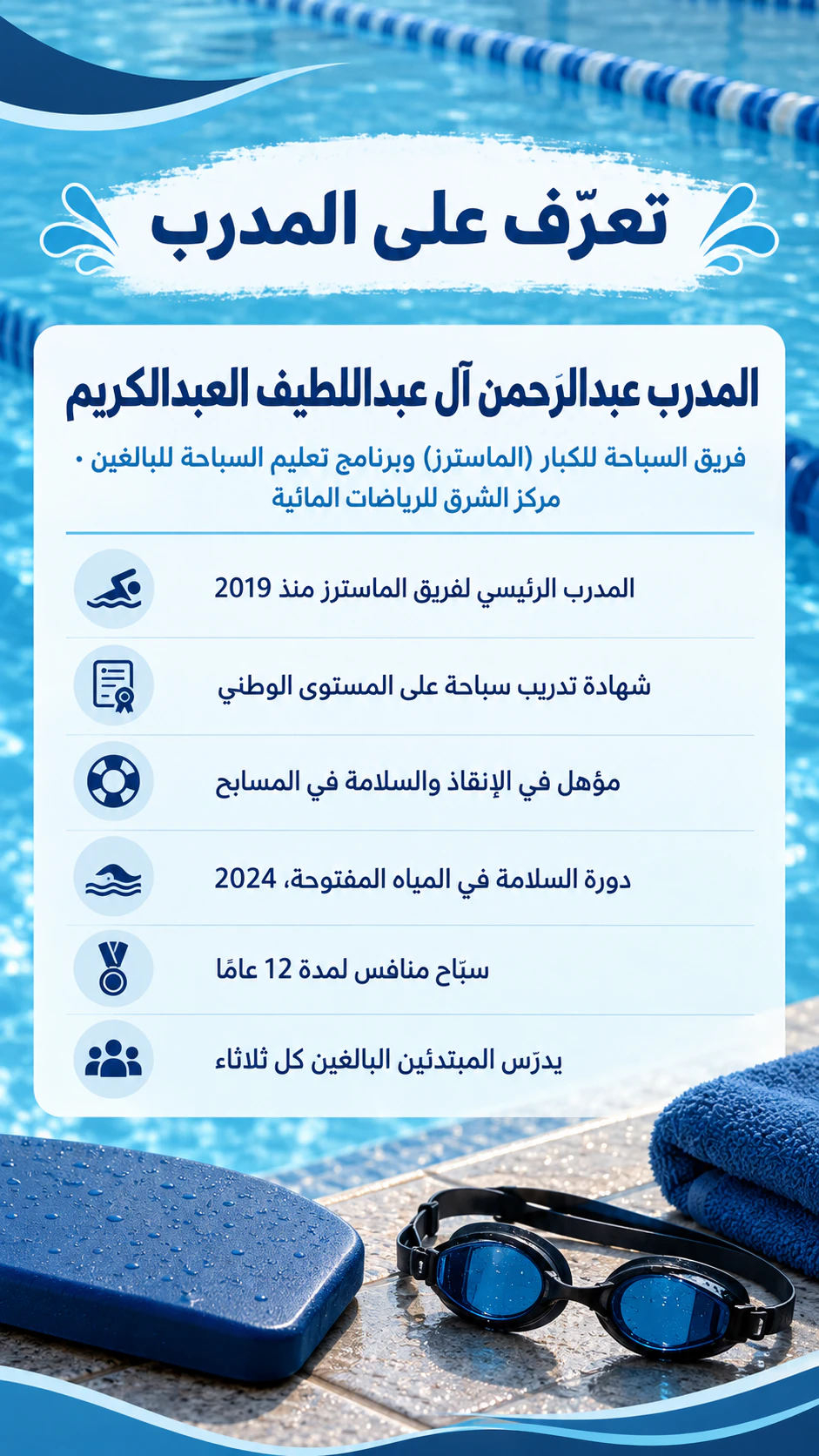 ملصق «تعرّف على المدرب» لفريق أو نادٍ: دون صورة، واسم عائلة طويل وستة أسطر للمؤهلات