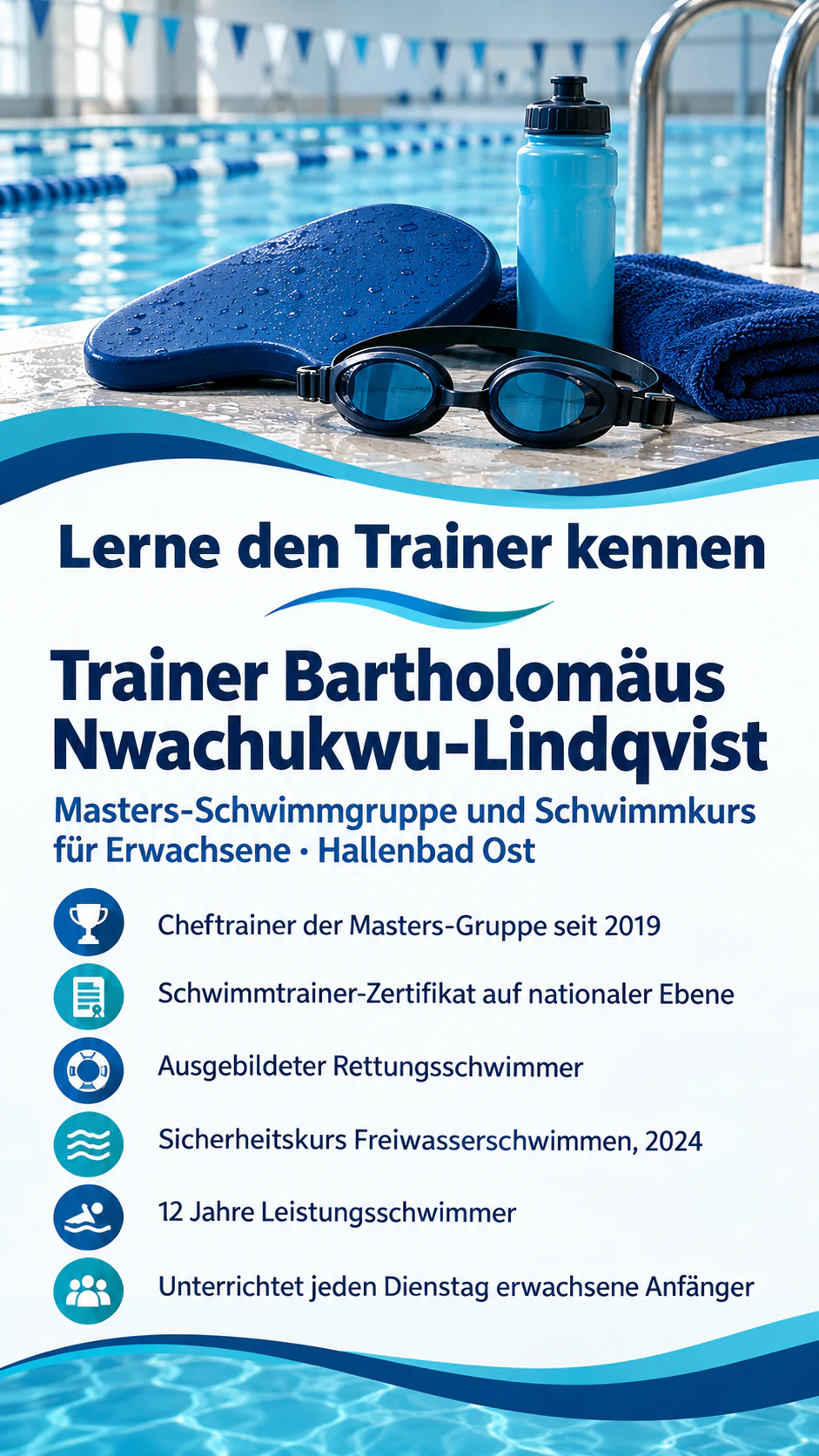 Plakat zur Trainervorstellung für Team oder Verein: Kein Foto, langer Nachname und sechs Zeilen Qualifikationen