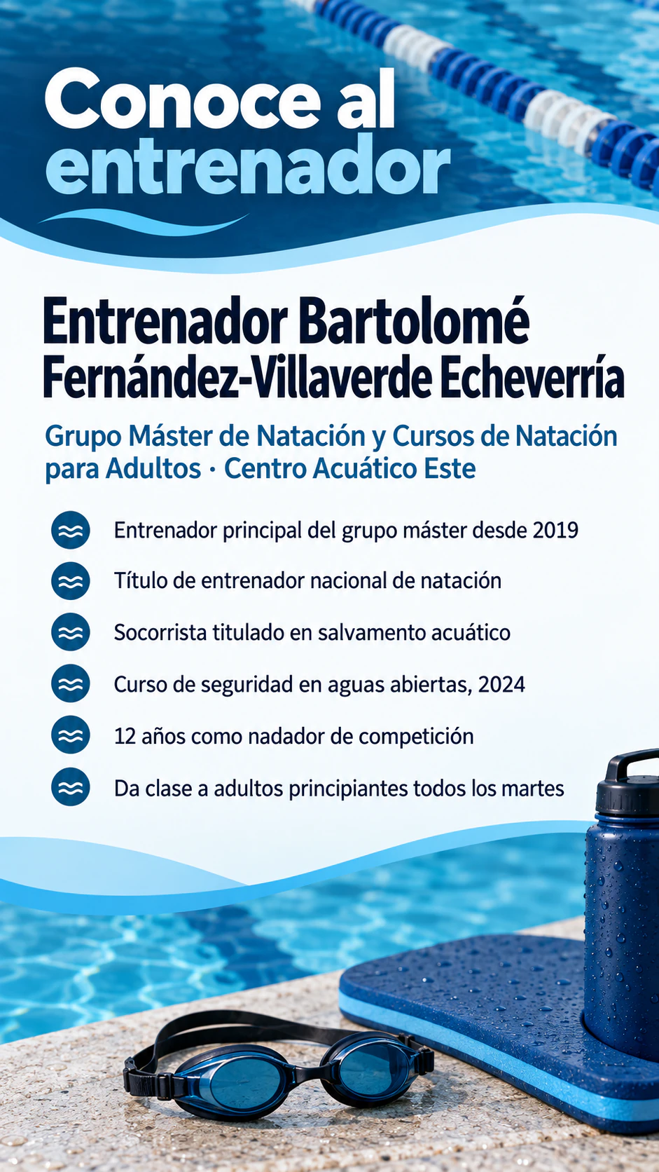 Cartel para presentar al entrenador de un equipo o club: Sin foto, apellidos largos y seis líneas de titulaciones