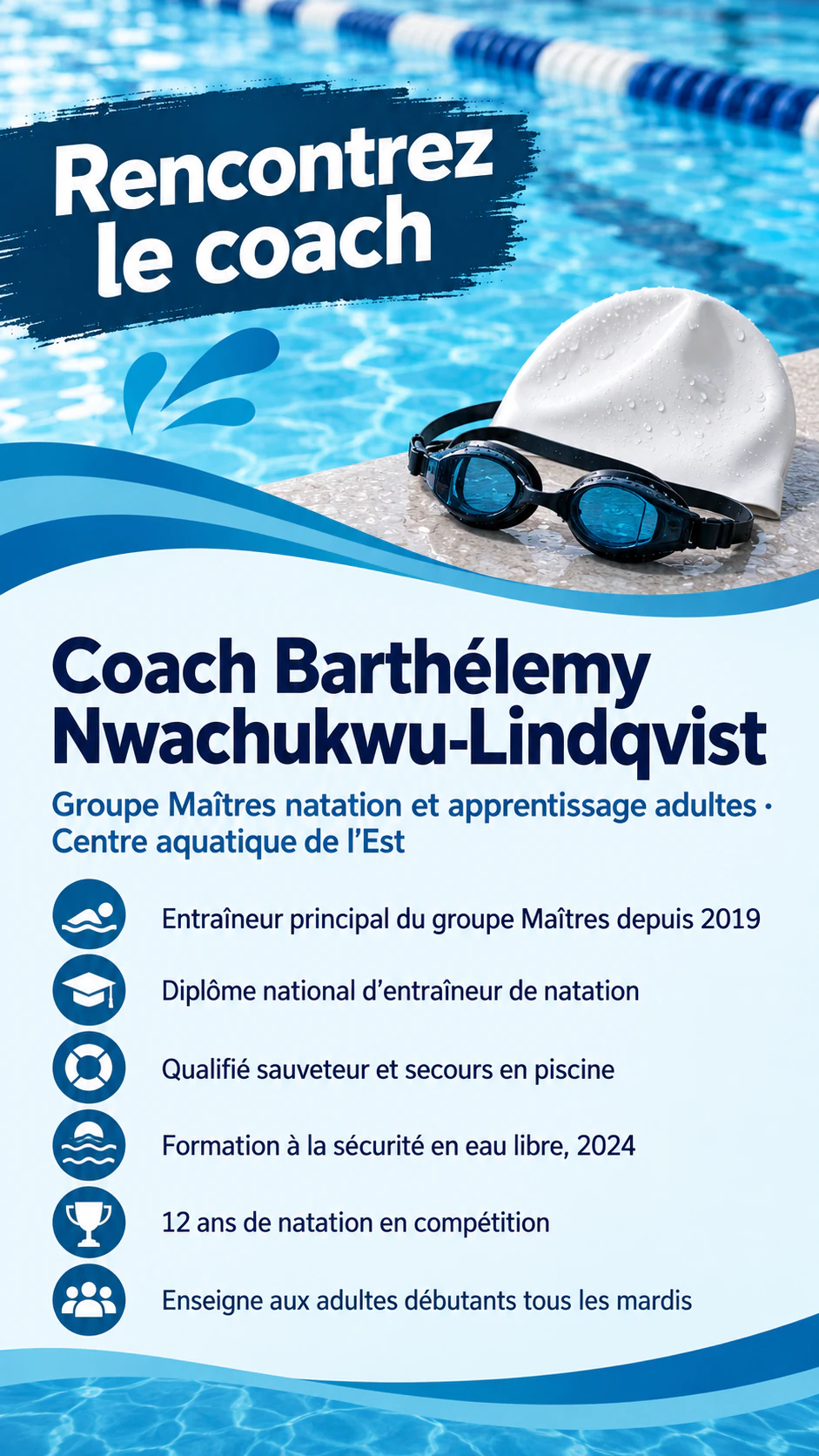 Affiche de présentation de l’entraîneur pour une équipe ou un club : Sans photo, nom de famille long et six lignes de qualifications