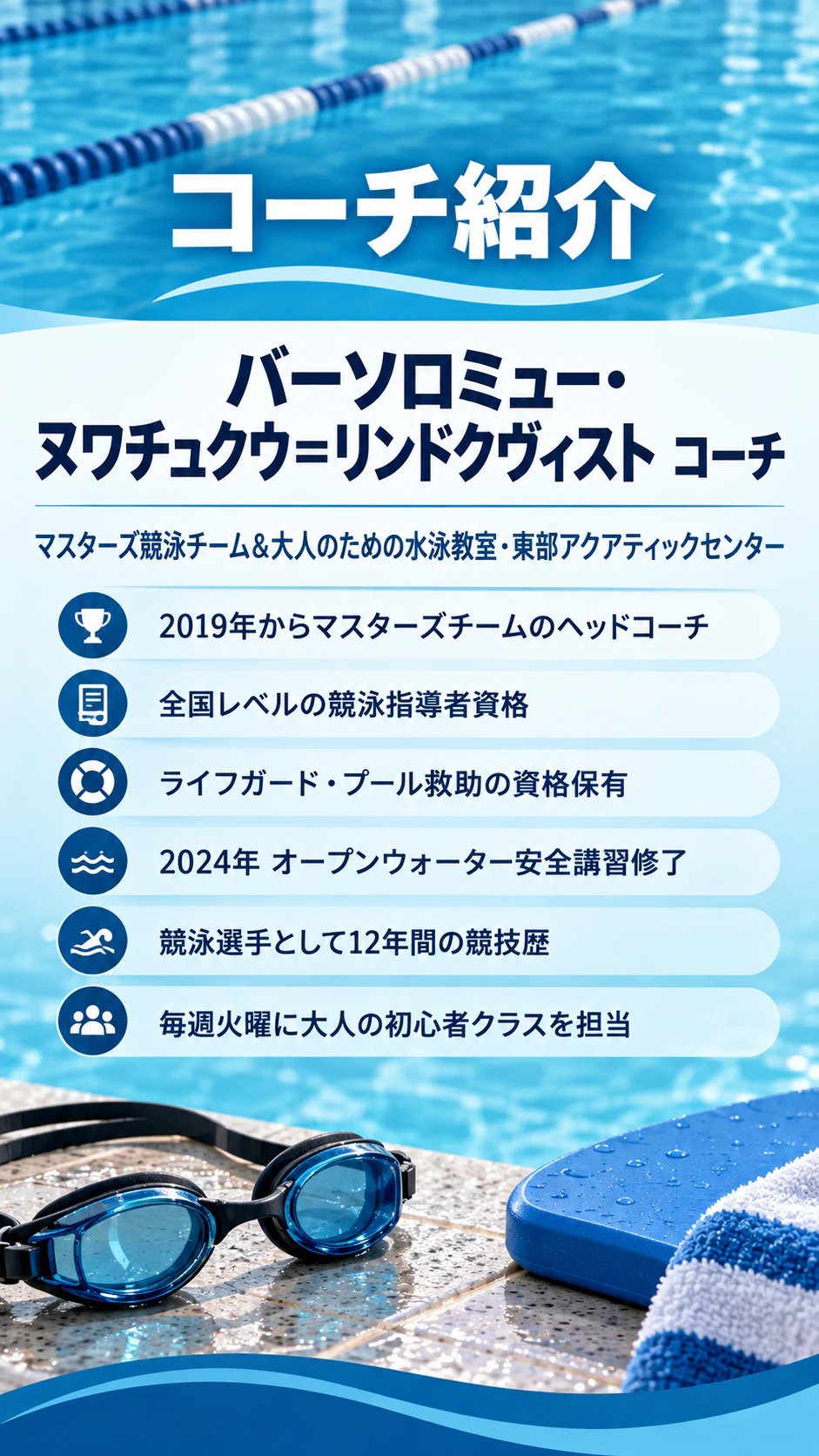 チームやクラブのコーチ紹介ポスター：写真なし、長い姓、経歴6行