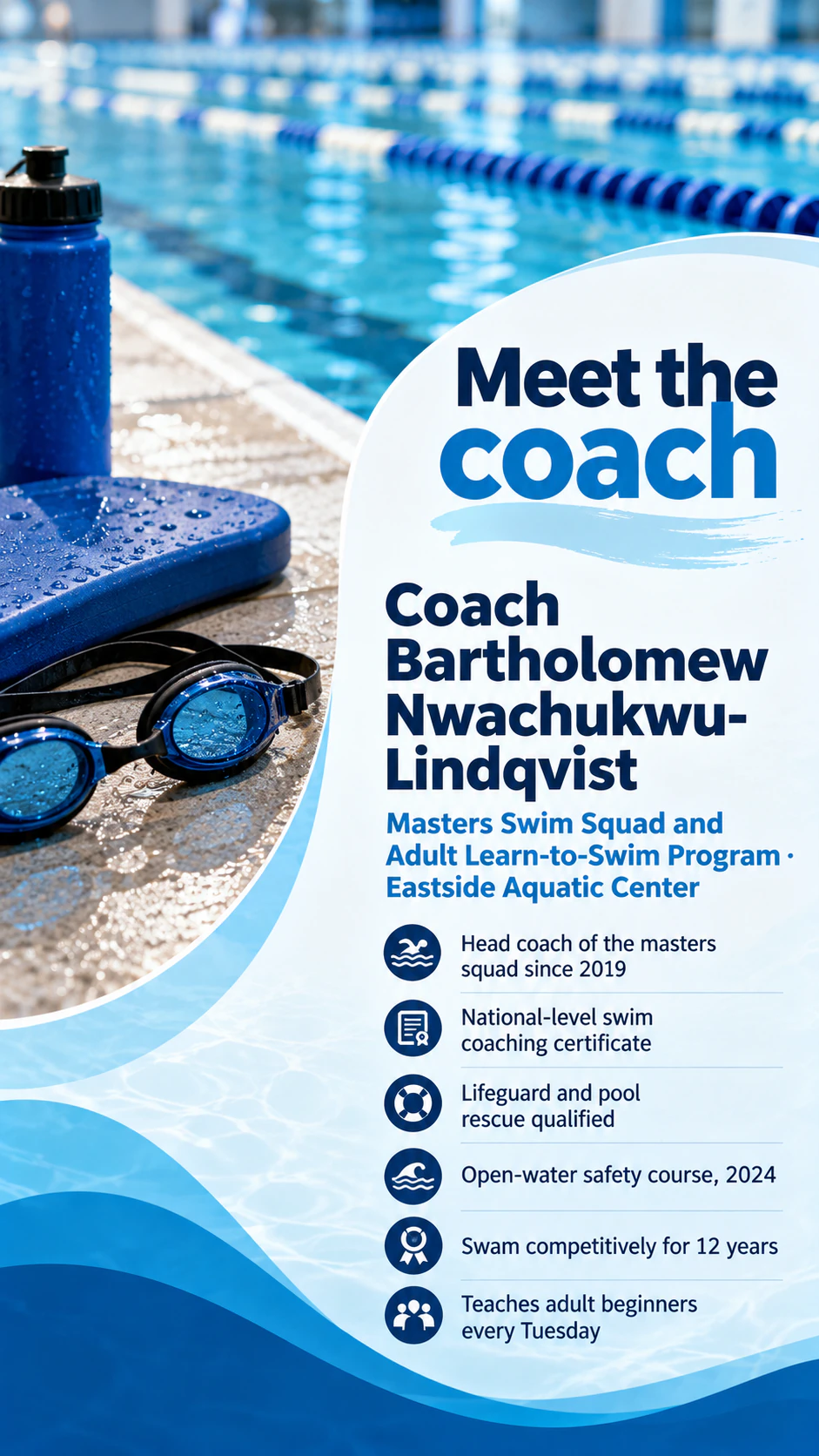 Meet the coach poster for a team or club: No photo, long surname and six credential lines
