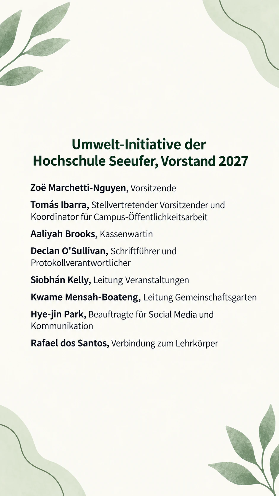 Team-Vorstellung als Post aus einem Gruppenfoto oder mit Namenskarten: Vorstand einer Hochschulgruppe, acht lange Titel und Namen mit Sonderzeichen, ohne Foto
