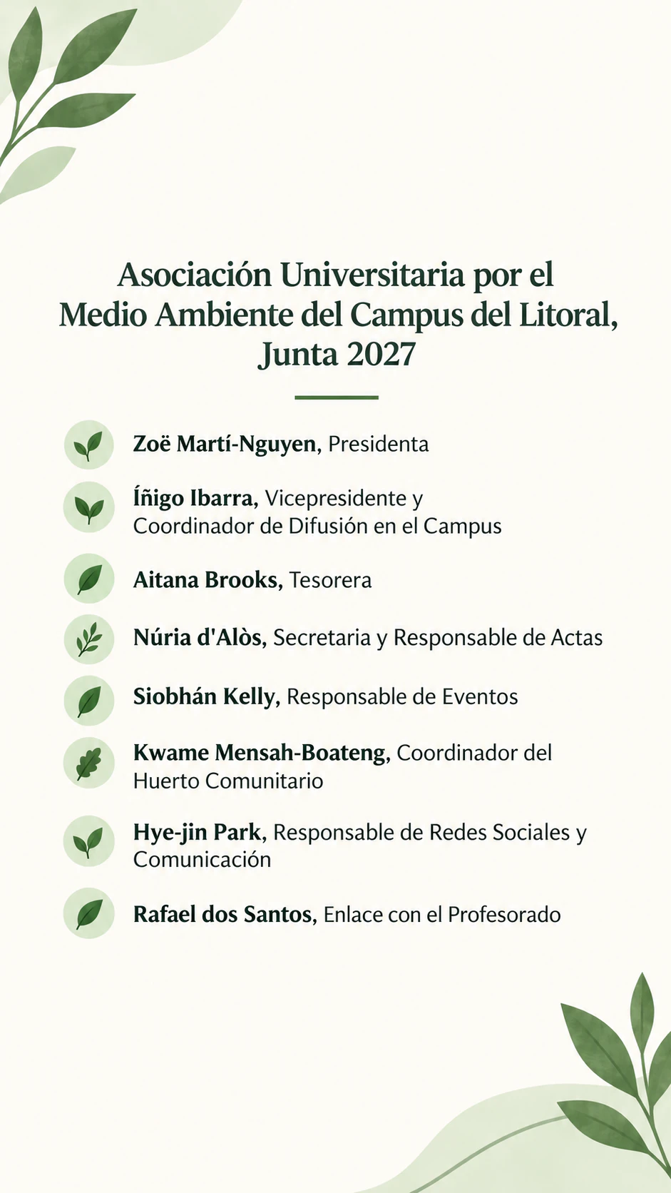 Post para presentar al equipo con una foto de grupo o fichas con nombre: Junta de una asociación de estudiantes, ocho cargos largos y nombres con tilde, sin foto