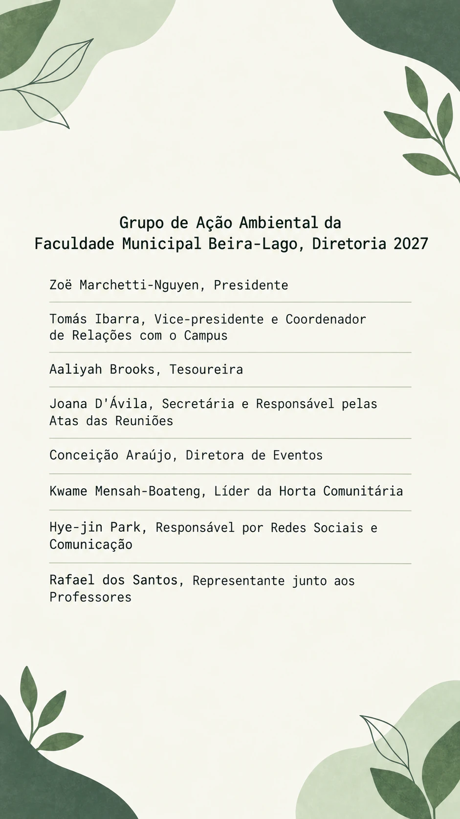 Post “conheça a equipe” com uma foto do grupo ou cartões com nomes: Diretoria de um grupo estudantil com oito cargos longos e nomes acentuados, sem foto