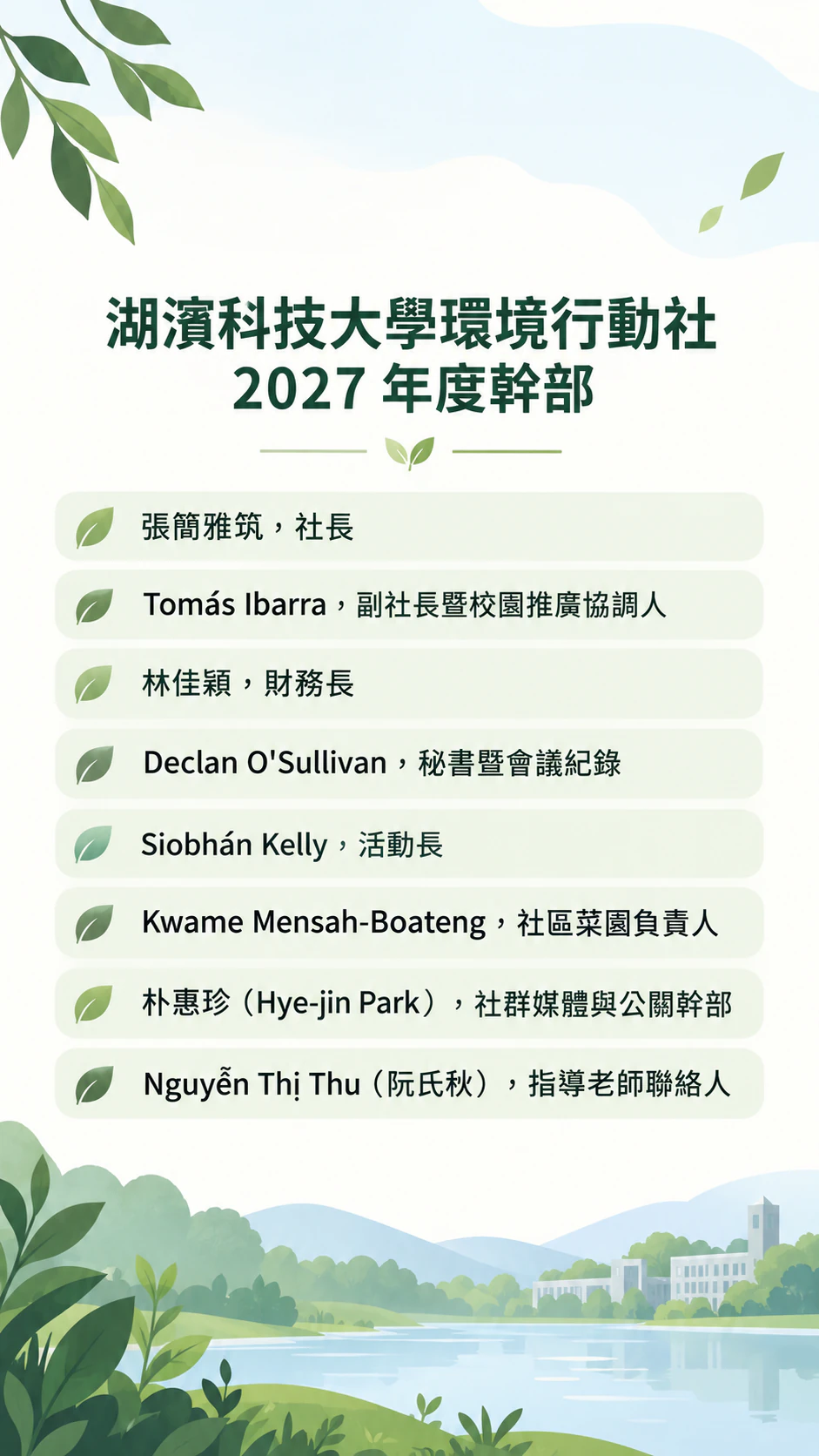 用一張團體照或姓名卡做團隊介紹貼文：大學社團幹部，八個長職稱與帶特殊符號的姓名，沒有照片