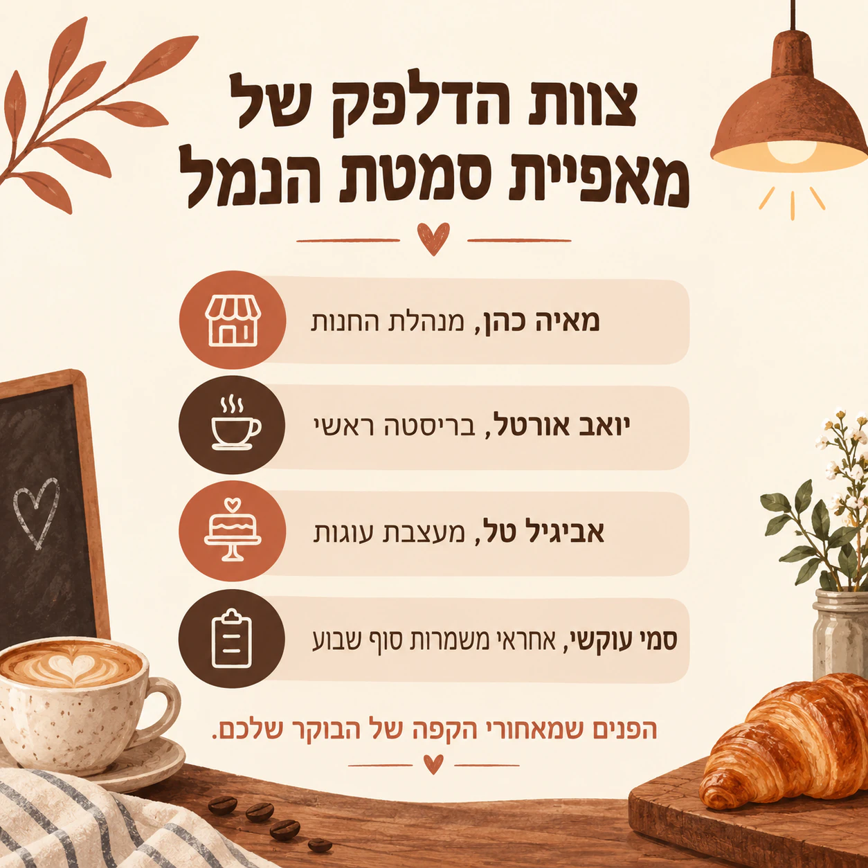 דוגמה: פוסט ״הכירו את הצוות״ מתמונה קבוצתית אחת או מכרטיסי שם