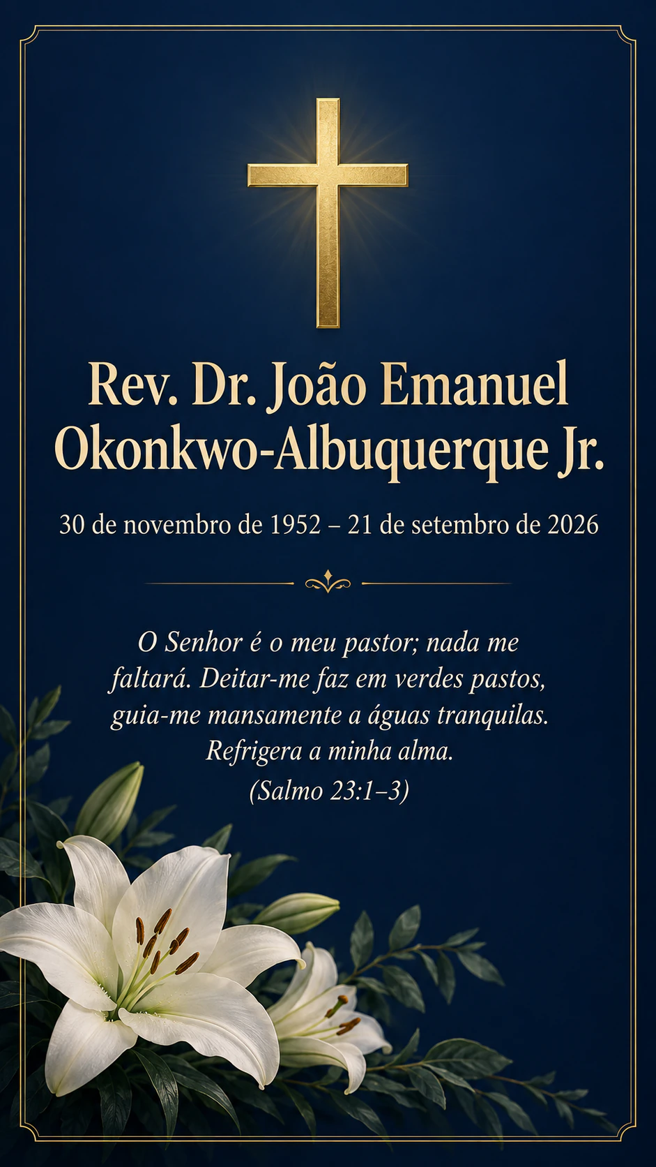 Cartão de homenagem póstuma e de falecimento: Nome longo com título e sufixo, um salmo e sem foto nem cerimônia