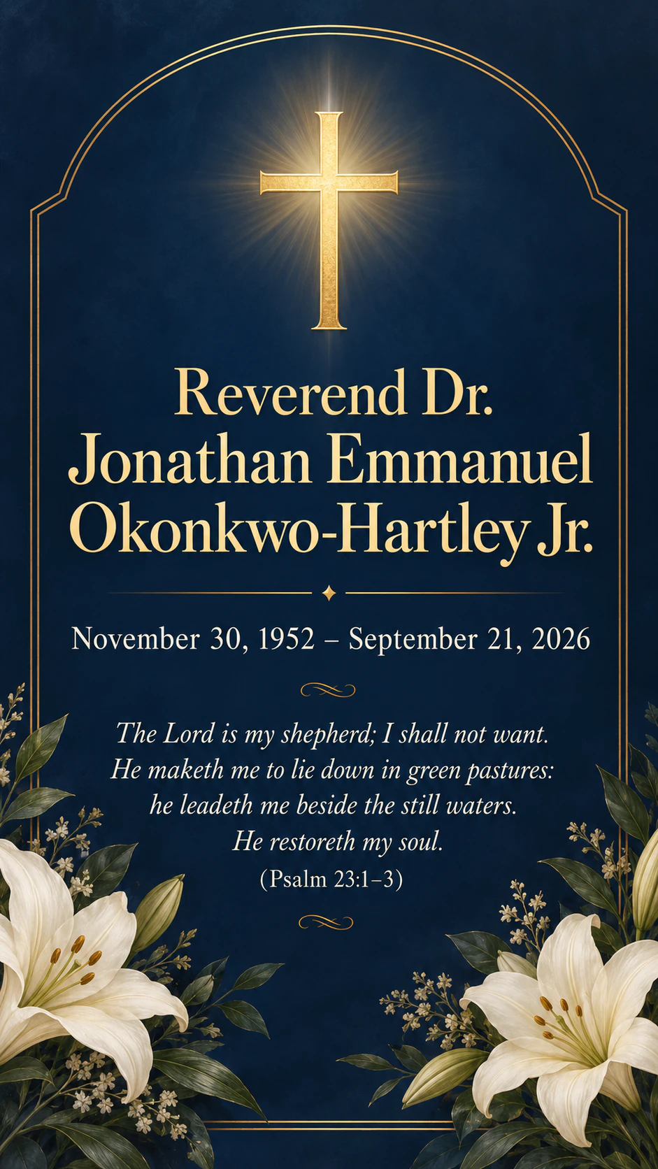 Funeral and memorial card: Long name with a title and suffix, a psalm near the limit, no photo or service