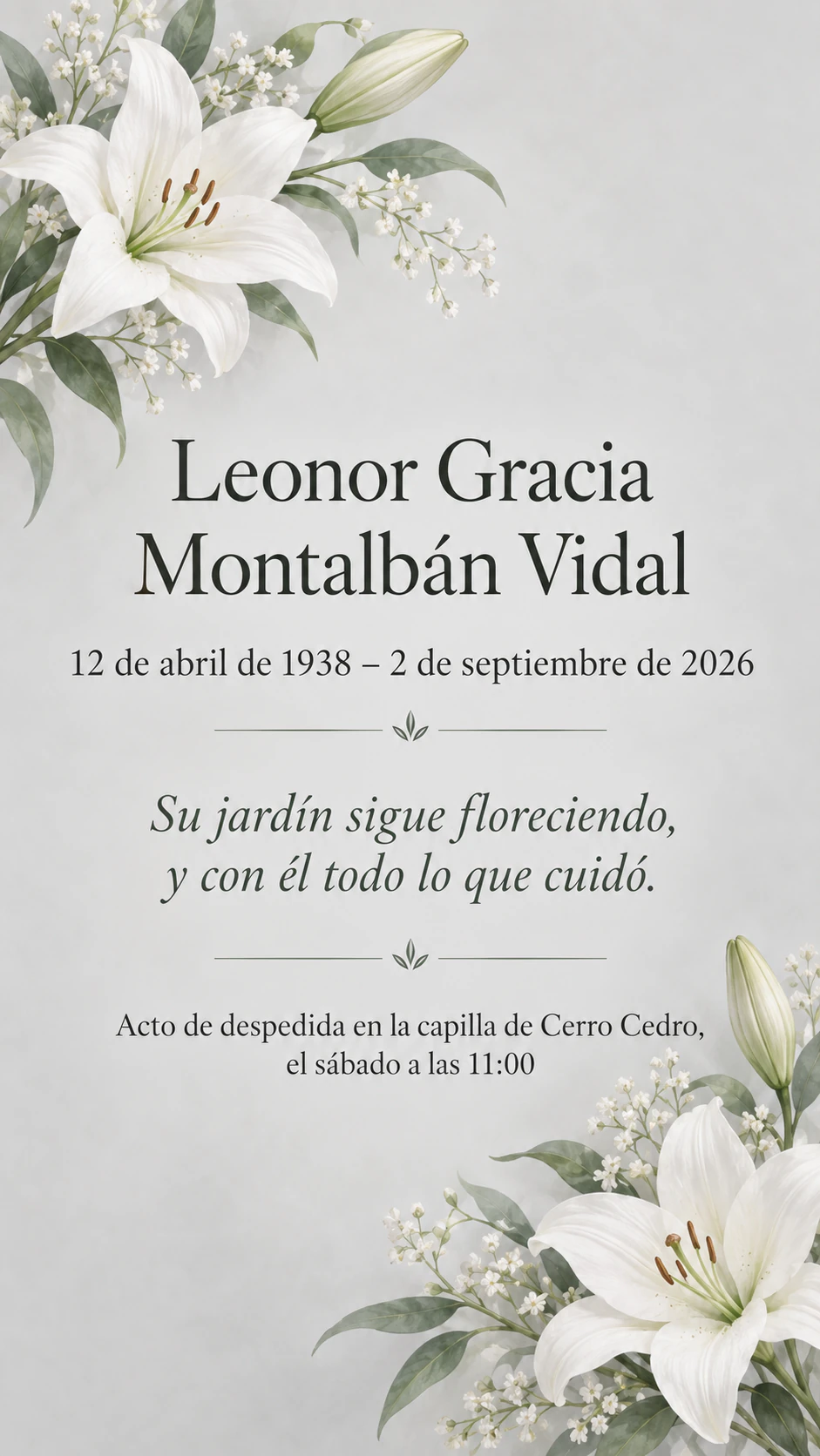 Ejemplo de Recordatorio de defunción y tarjeta en memoria